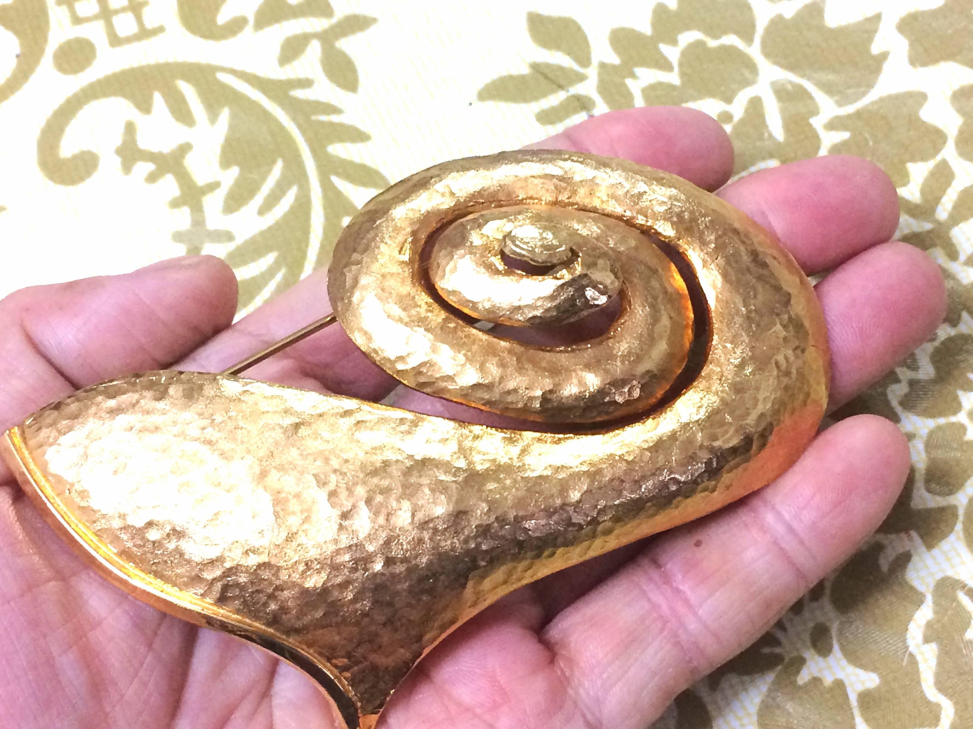 Vintage Christian Lacroix golden large snail design brooch, as hat & scarf pin. For Sale 3