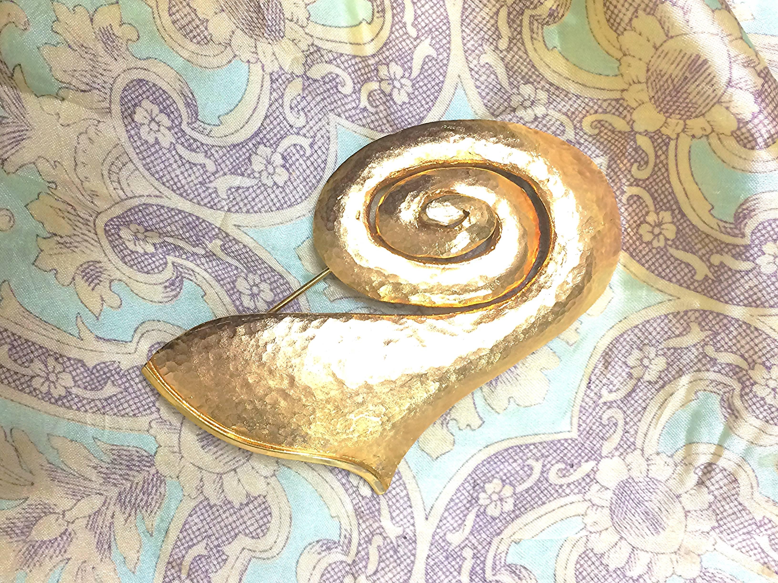 Vintage Christian Lacroix golden large snail design brooch, as hat & scarf pin. For Sale 2