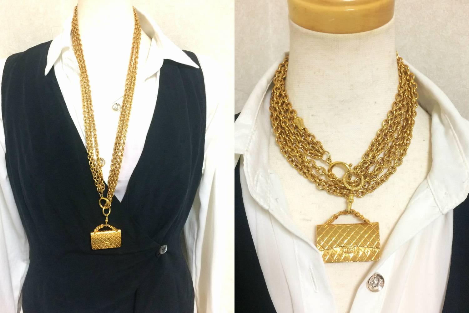 1990s. Vintage CHANEL golden double chain long necklace with classic 2.55 bag charm, pendant top. Can be worn in double chain too.

If you are looking for a vintage jewelry from CHANEL back in the old era, then this is the must-have-masterpiece