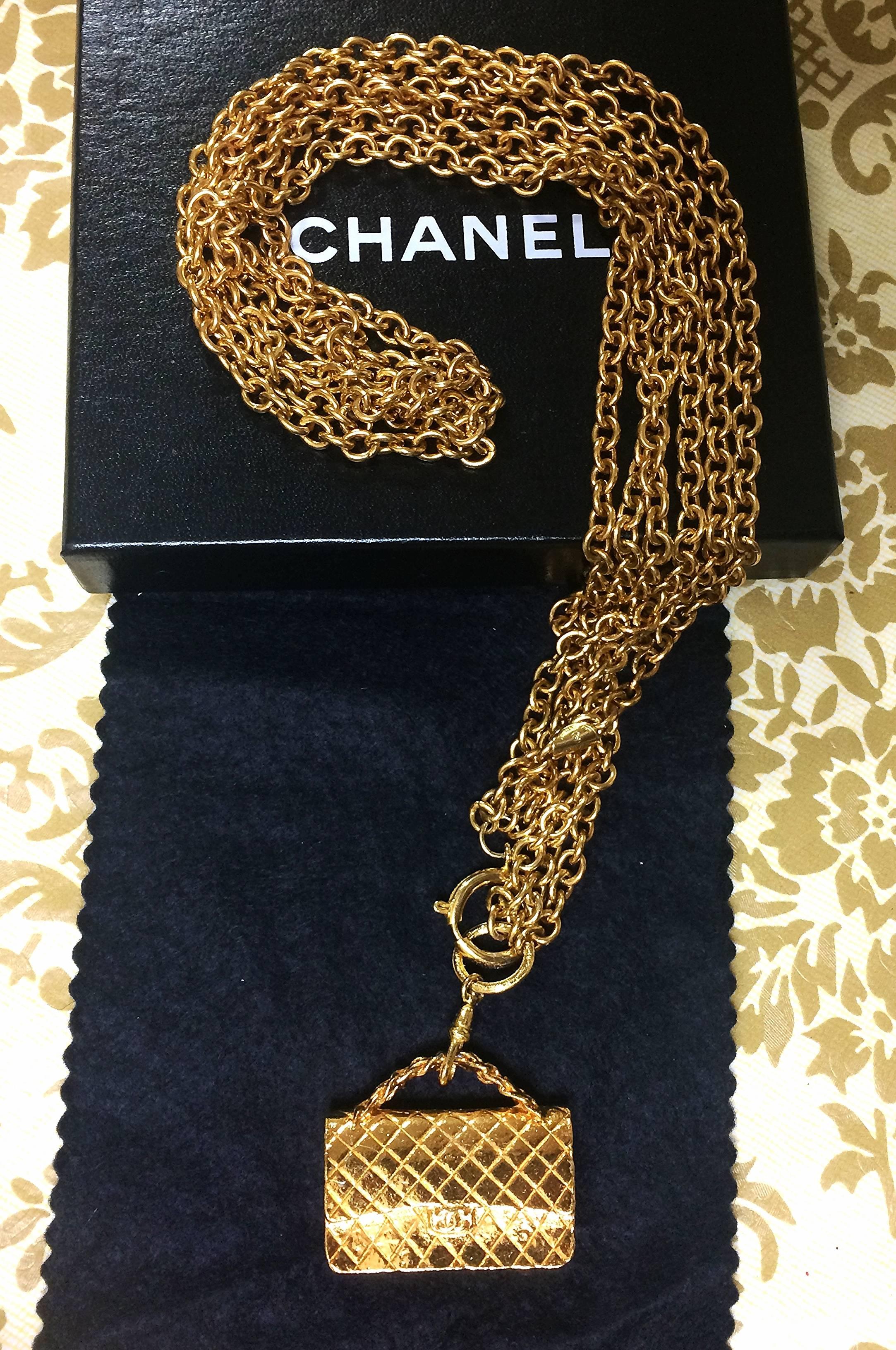 Vintage CHANEL golden double chain long necklace with classic 2.55 bag charm. 6