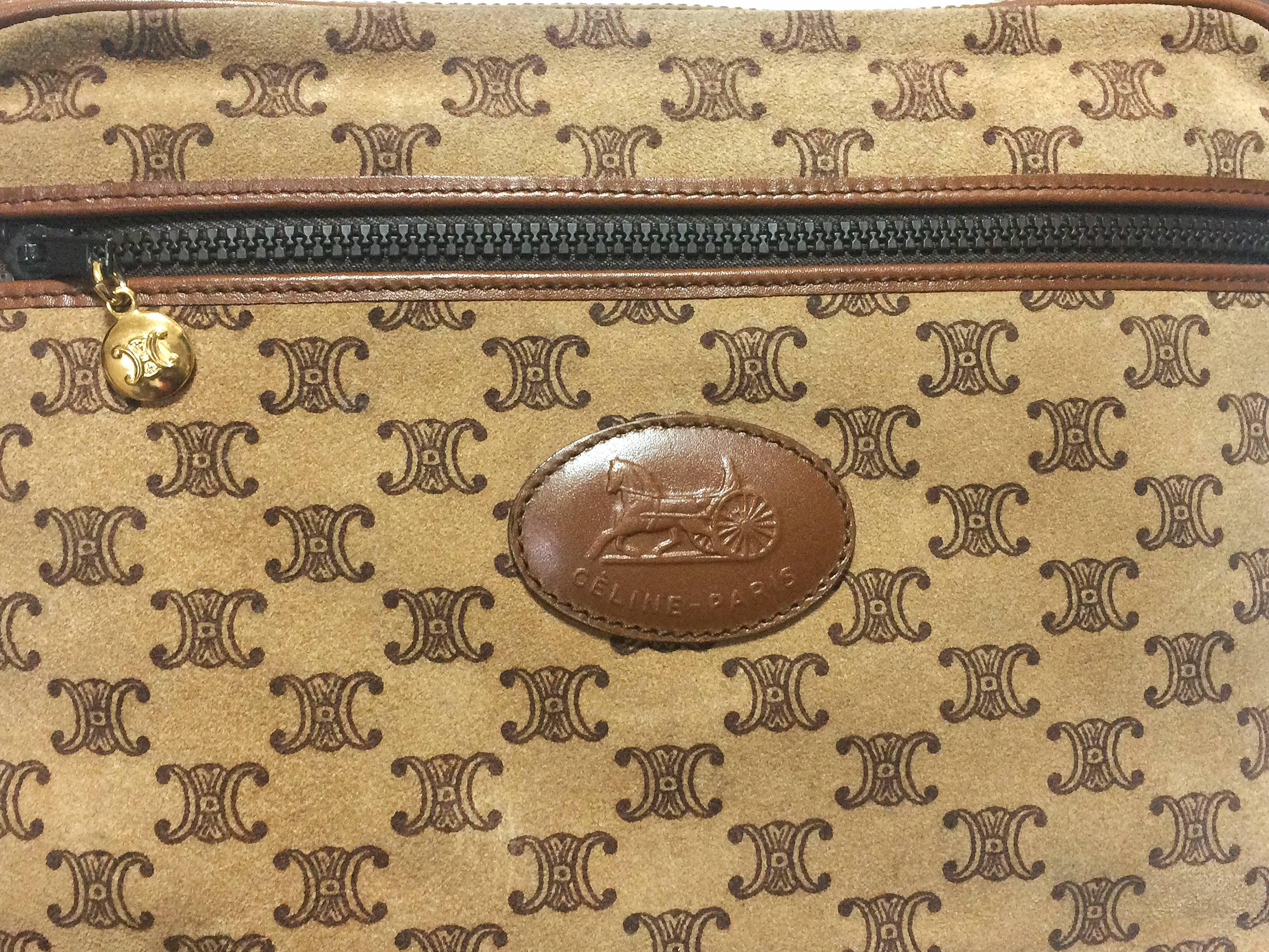 Brown Vintage Celine tanned brown suede leather in macadam blason pattern shoulder bag For Sale