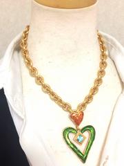 Christian Lacroix Vintage orange blue green heart pendant top necklace, 1990s