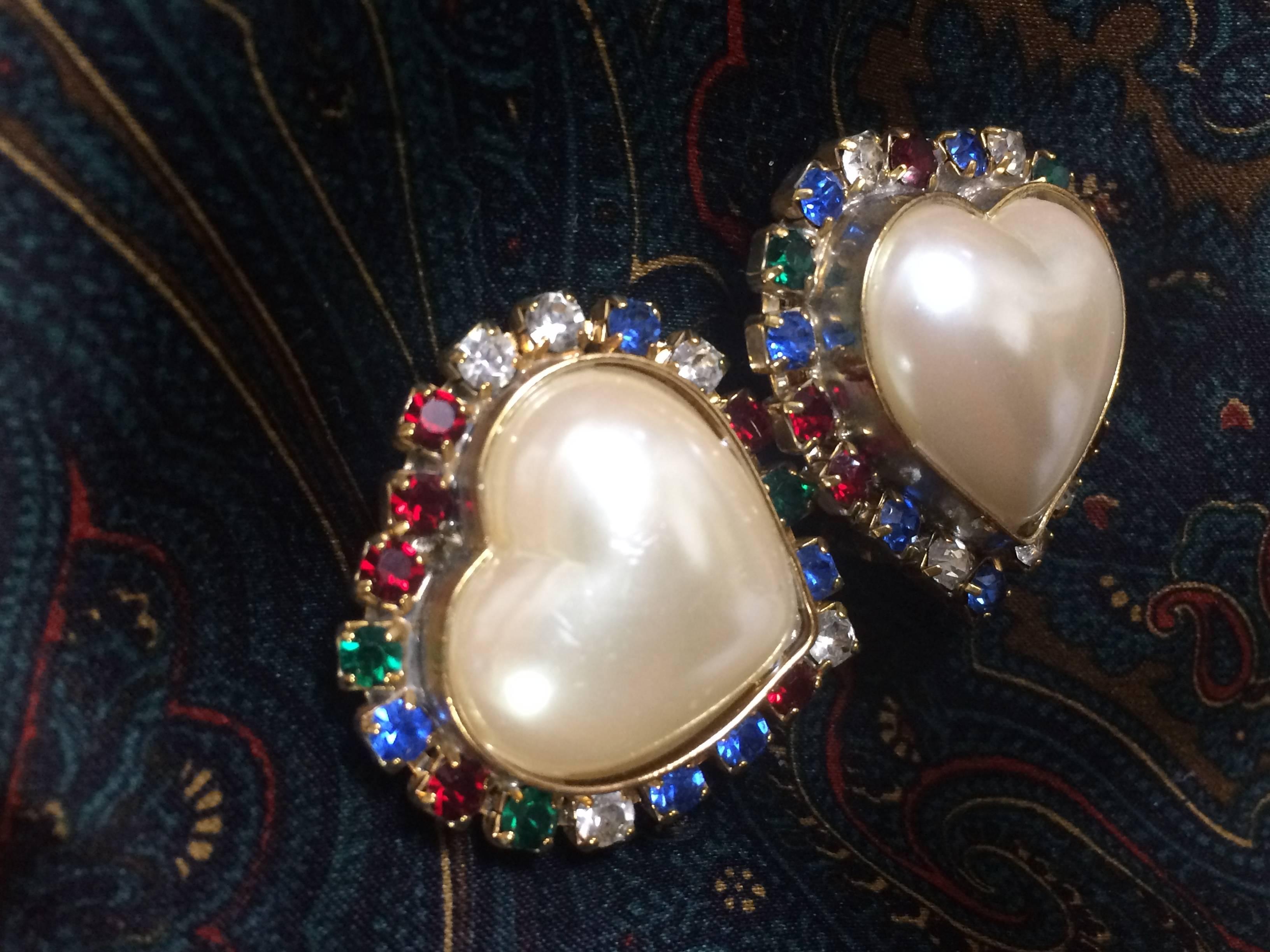 Women's Vintage ESCADA faux pearl heart earrings with red, clear, blue, & green crystals For Sale