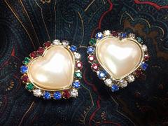Vintage ESCADA faux pearl heart earrings with red, clear, blue, & green crystals