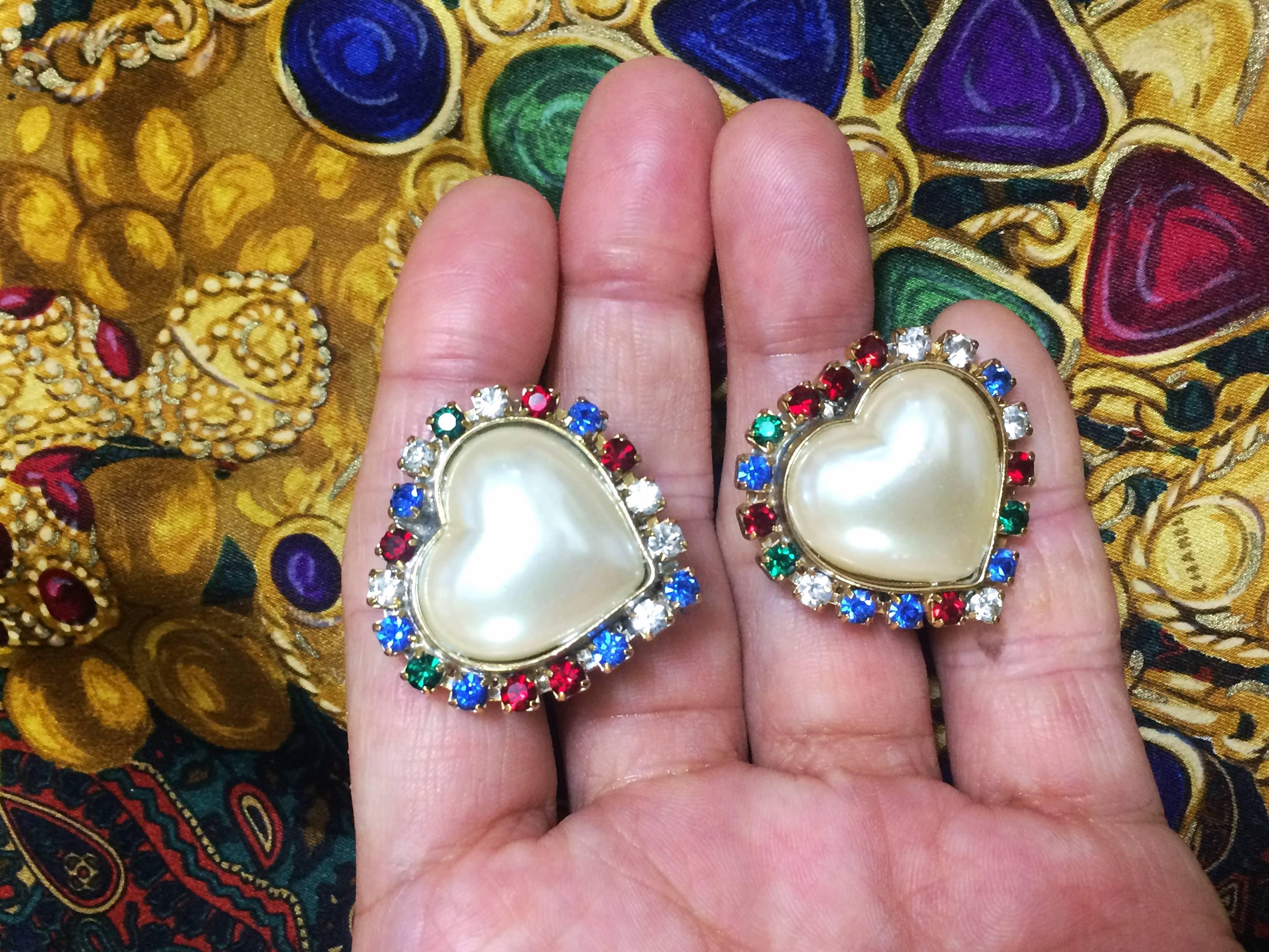 Vintage ESCADA faux pearl heart earrings with red, clear, blue, & green crystals For Sale 5