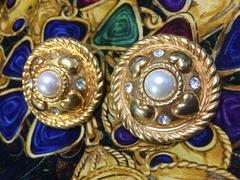 Vintage ESCADA round golden earrings with heart, faux pearl, and rhinestones.