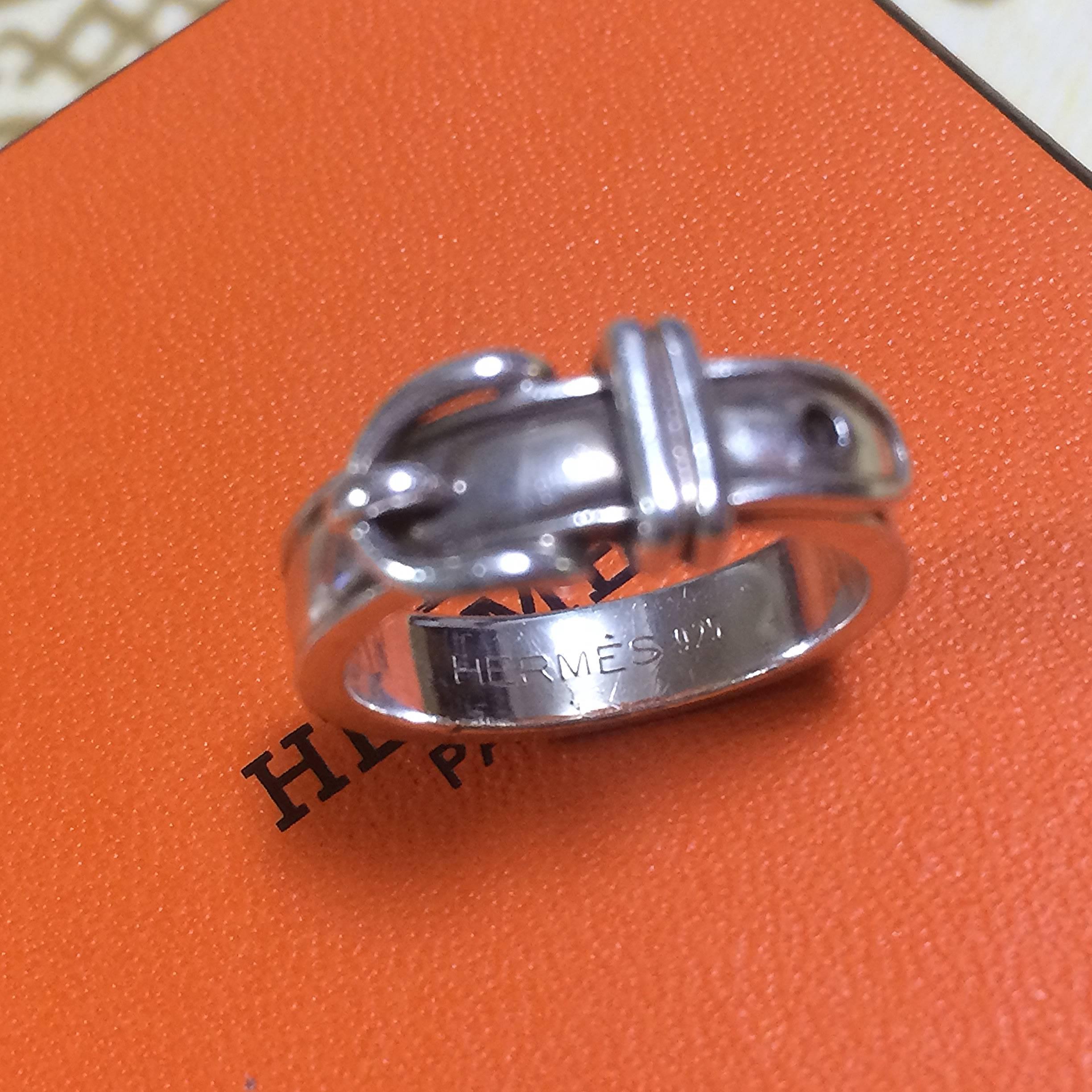 Women's Vintage Hermes genuine 925 silver ring, classic buckle design with original box 