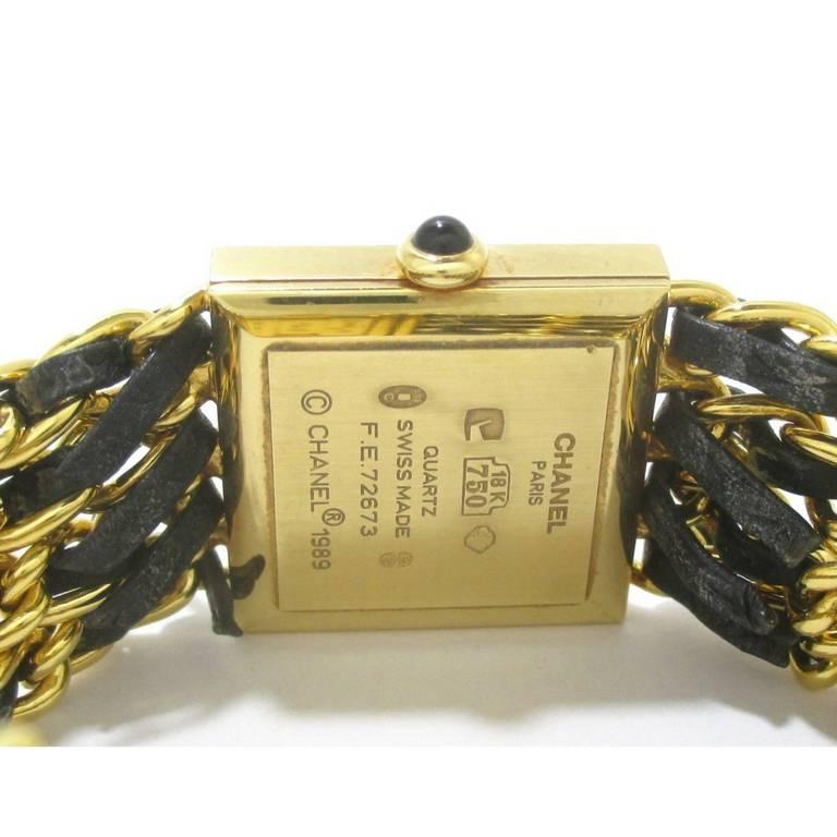 80's Vintage CHANEL golden chain and black leather wrist watch. K18 Yellow gold. For Sale 1
