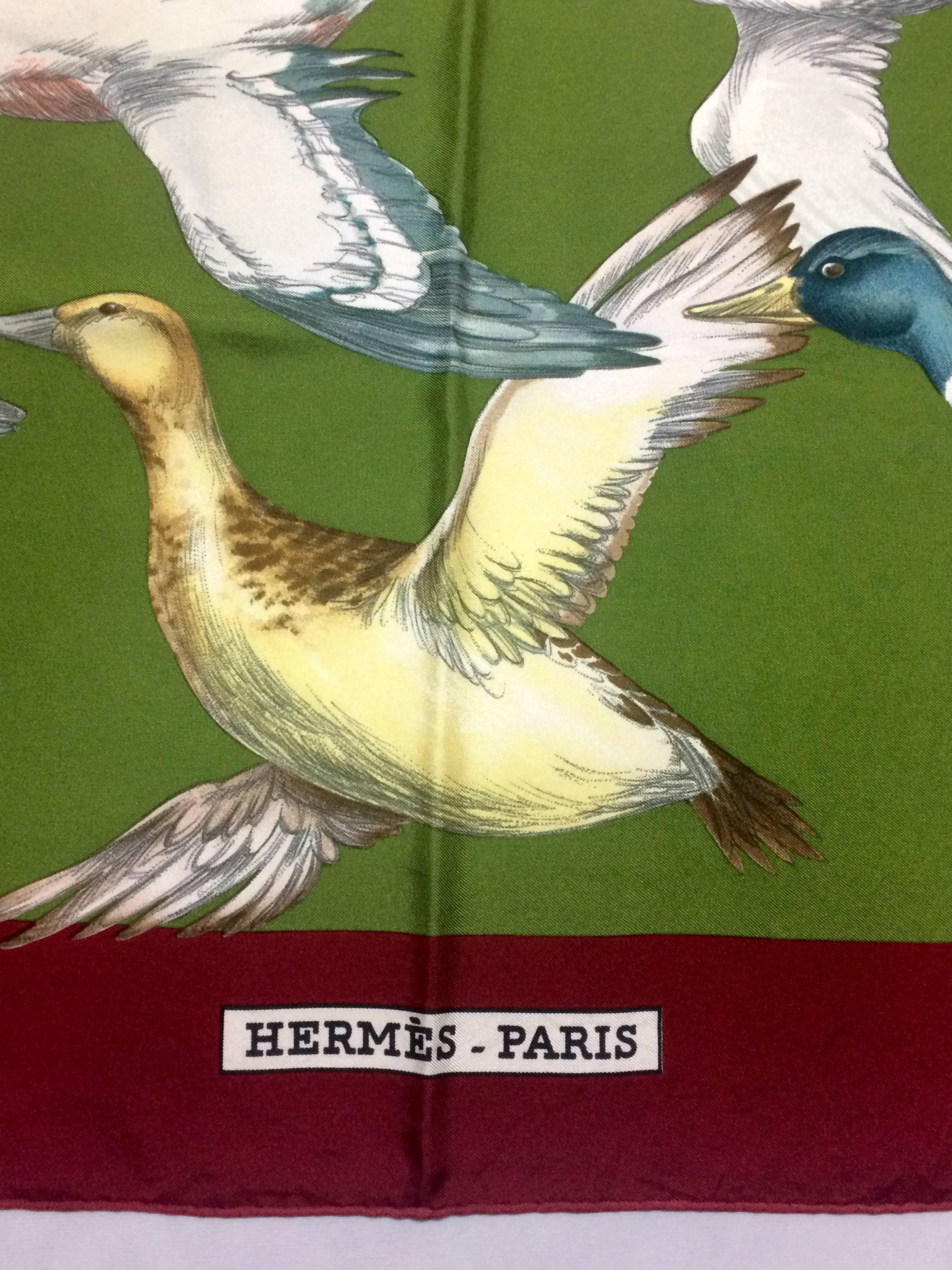 Brown Vintage HERMES Carre silk scarf wine red, olive green, and wild ducks print.