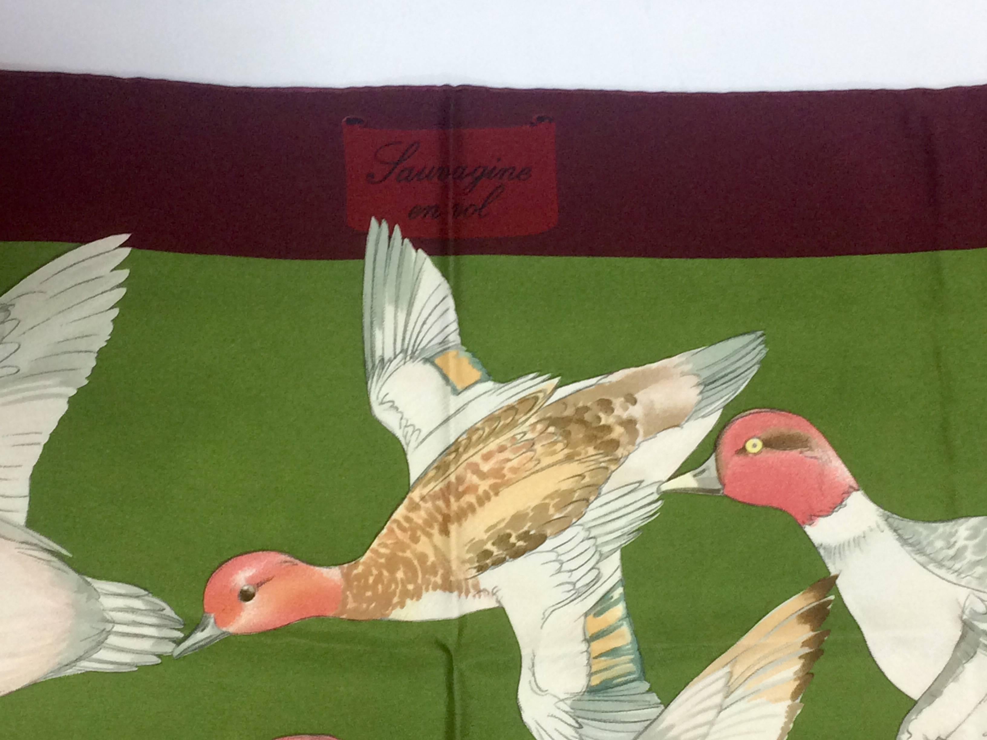 Vintage HERMES Carre silk scarf wine red, olive green, and wild ducks print. 3