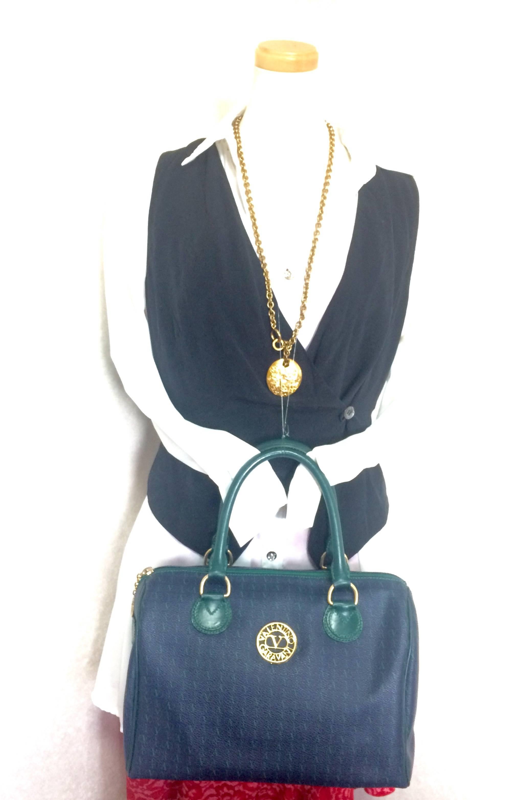 Vintage Valentino Garavani blue and green speedy handbag with logo motifs. For Sale 1