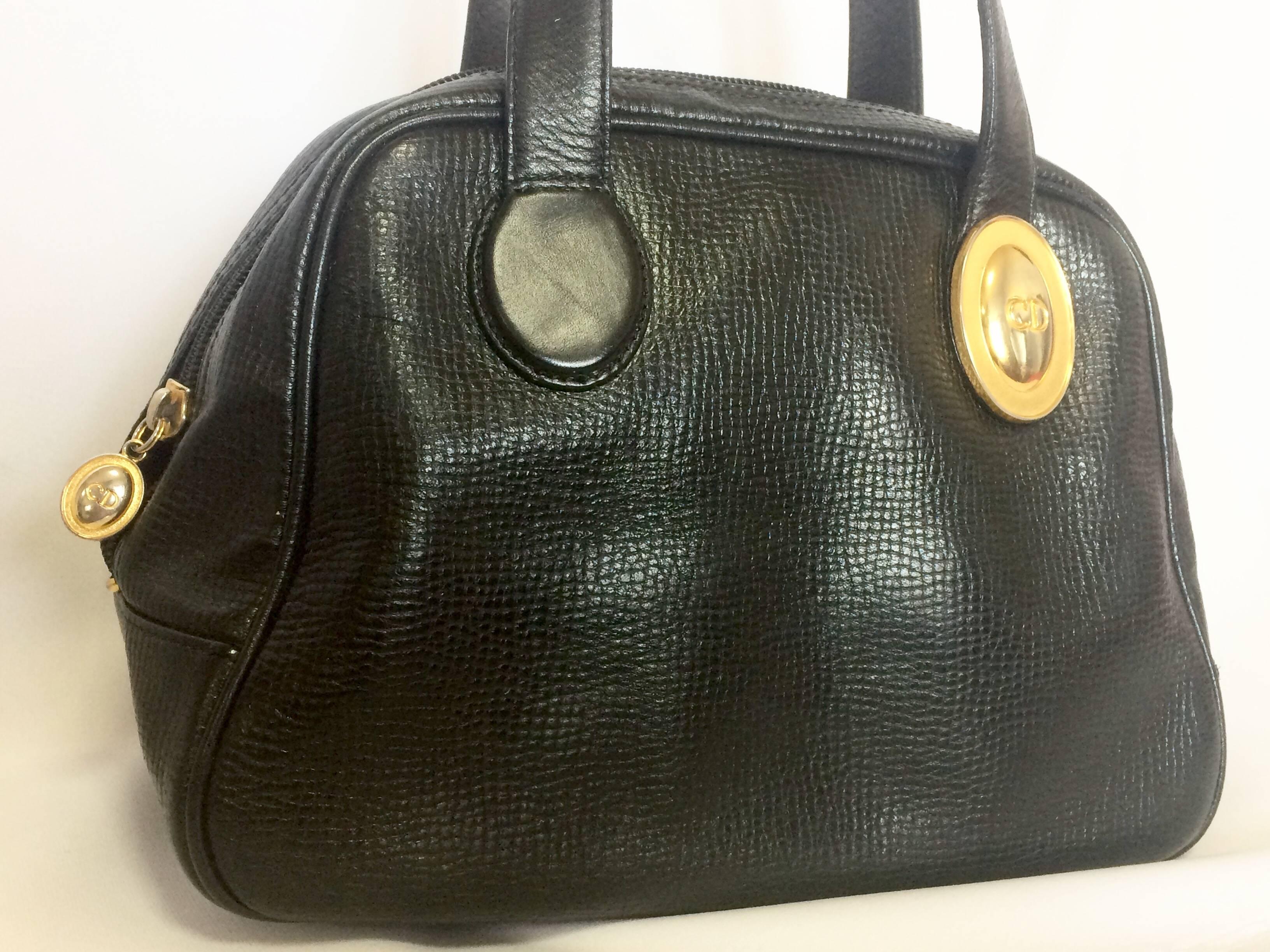 Vintage Christian Dior black leather mini bolide style handbag with logo motif. In Good Condition In Kashiwa, Chiba