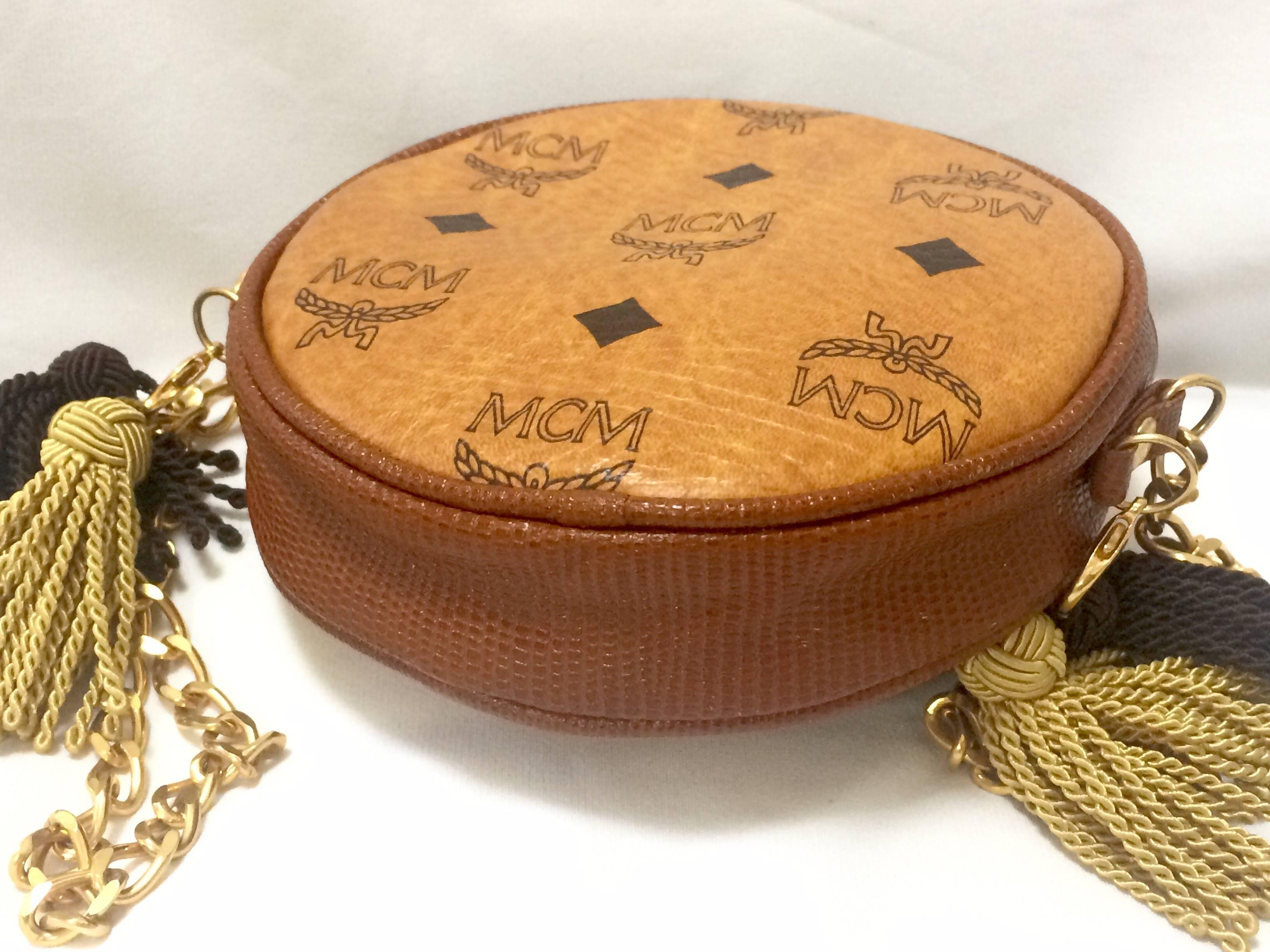 MINT. Vintage MCM brown monogram round shape mini bag with fringes and chains. In Excellent Condition In Kashiwa, Chiba