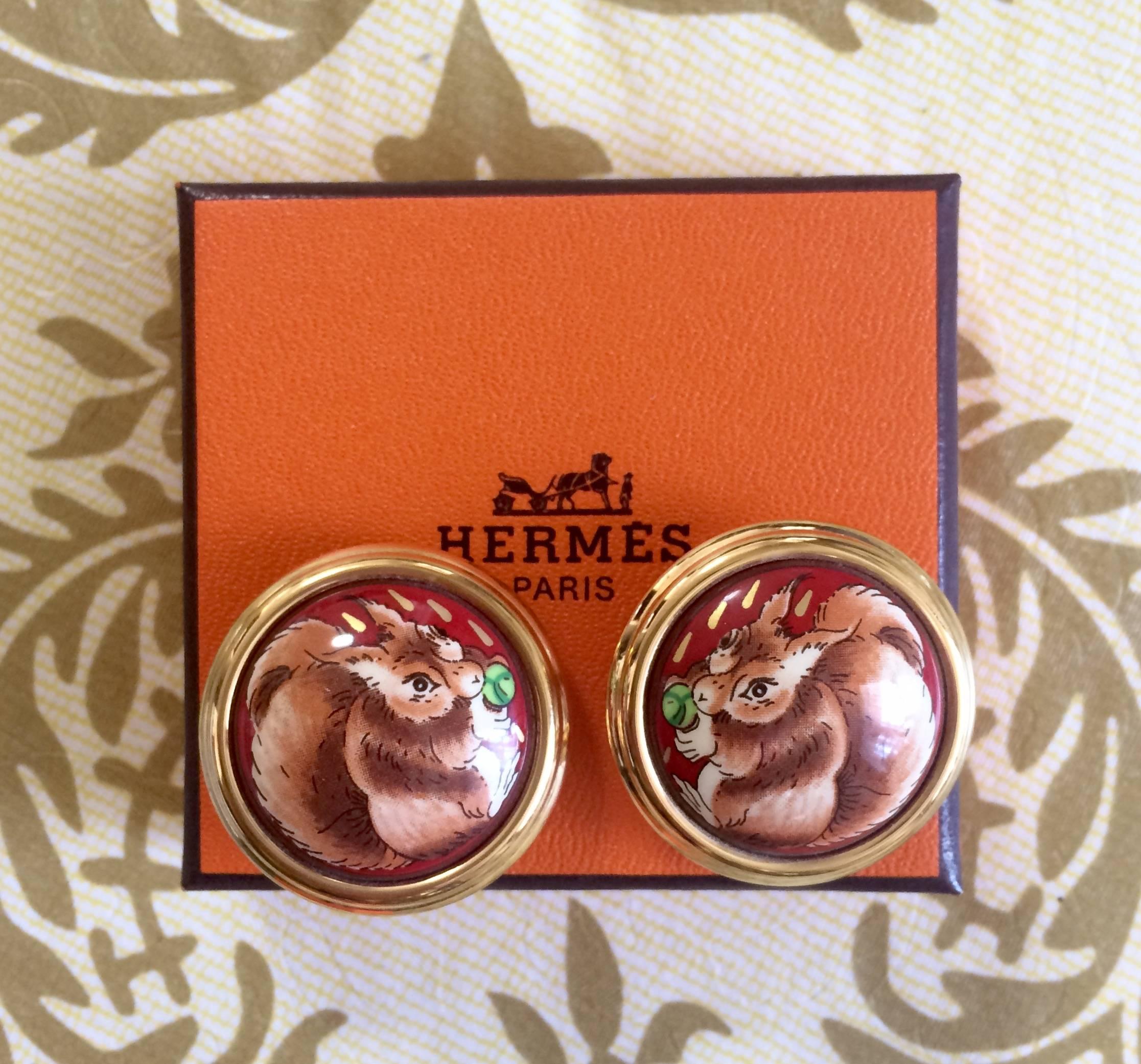 Women's MINT. Vintage Hermes round cloisonne enamel golden earrings with squirrel design For Sale