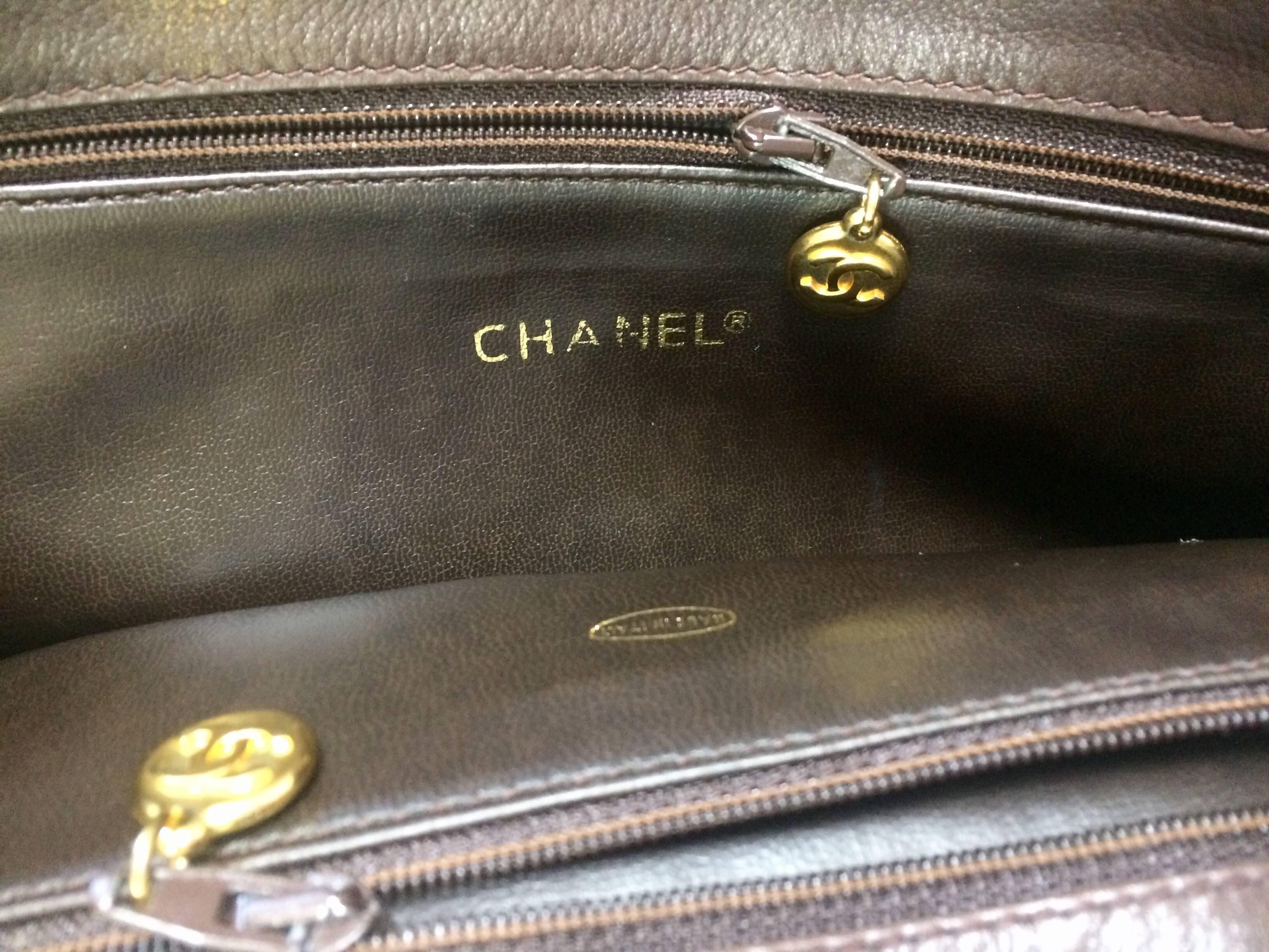 Vintage CHANEL brown lambskin large tote bag with gold tone chains and CC charm. For Sale 2