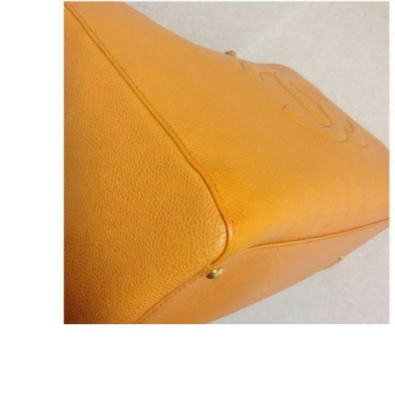 Vintage CHANEL orange yellow caviar leather chain shoulder large tote bag. 1