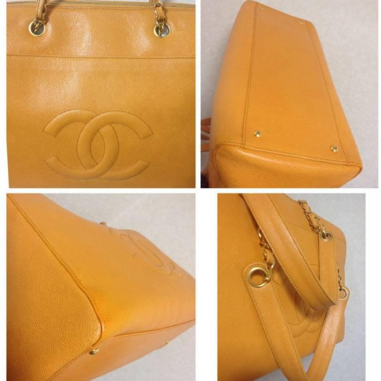 Vintage CHANEL orange yellow caviar leather chain shoulder large tote bag. In Good Condition In Kashiwa, Chiba