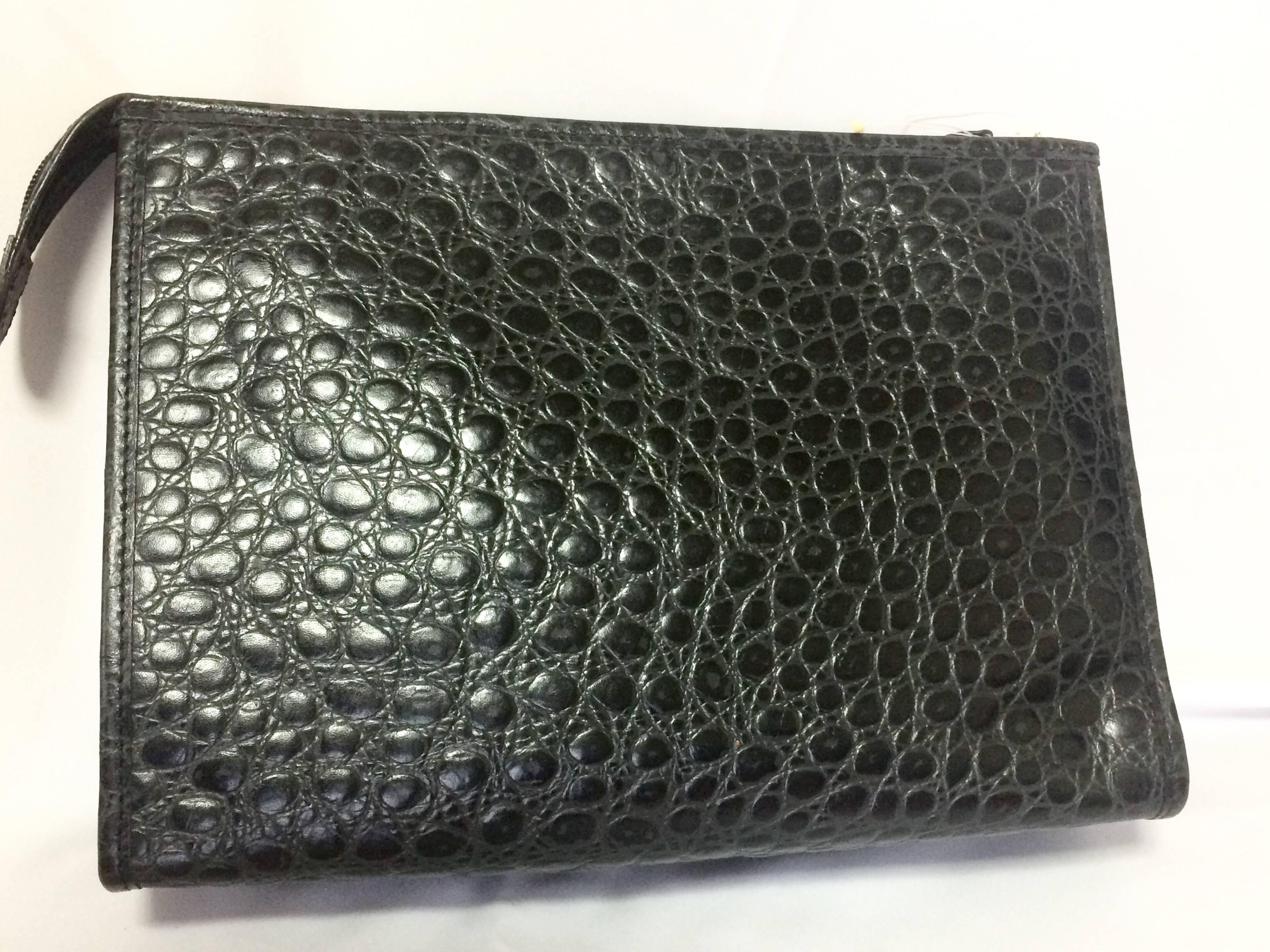 Black Vintage MOSCHINO classic croc-embossed black leather clutch bag with key logo