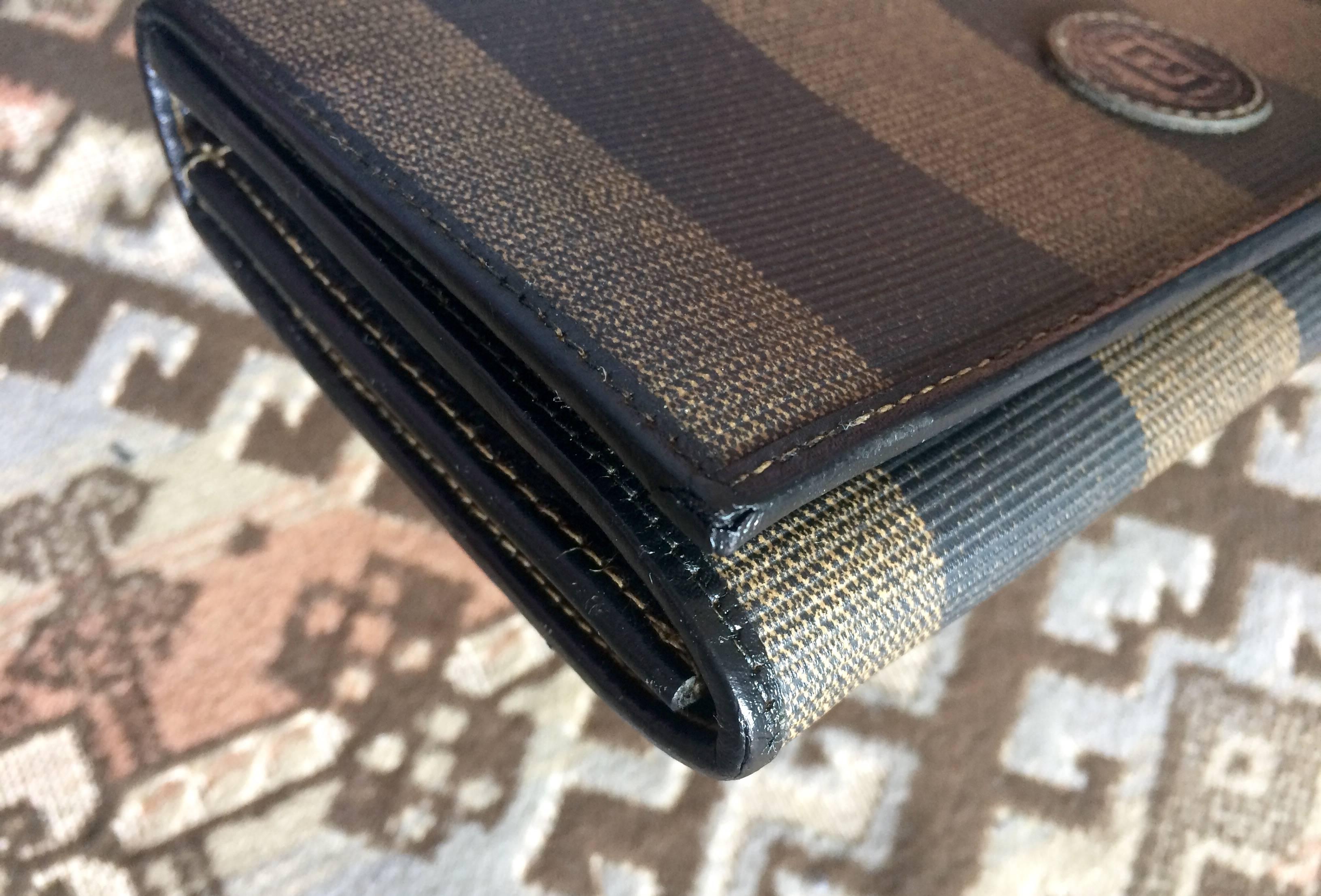 Black Vintage FENDI pecan stripe leather wallet with logo motif. Unisex  great gift