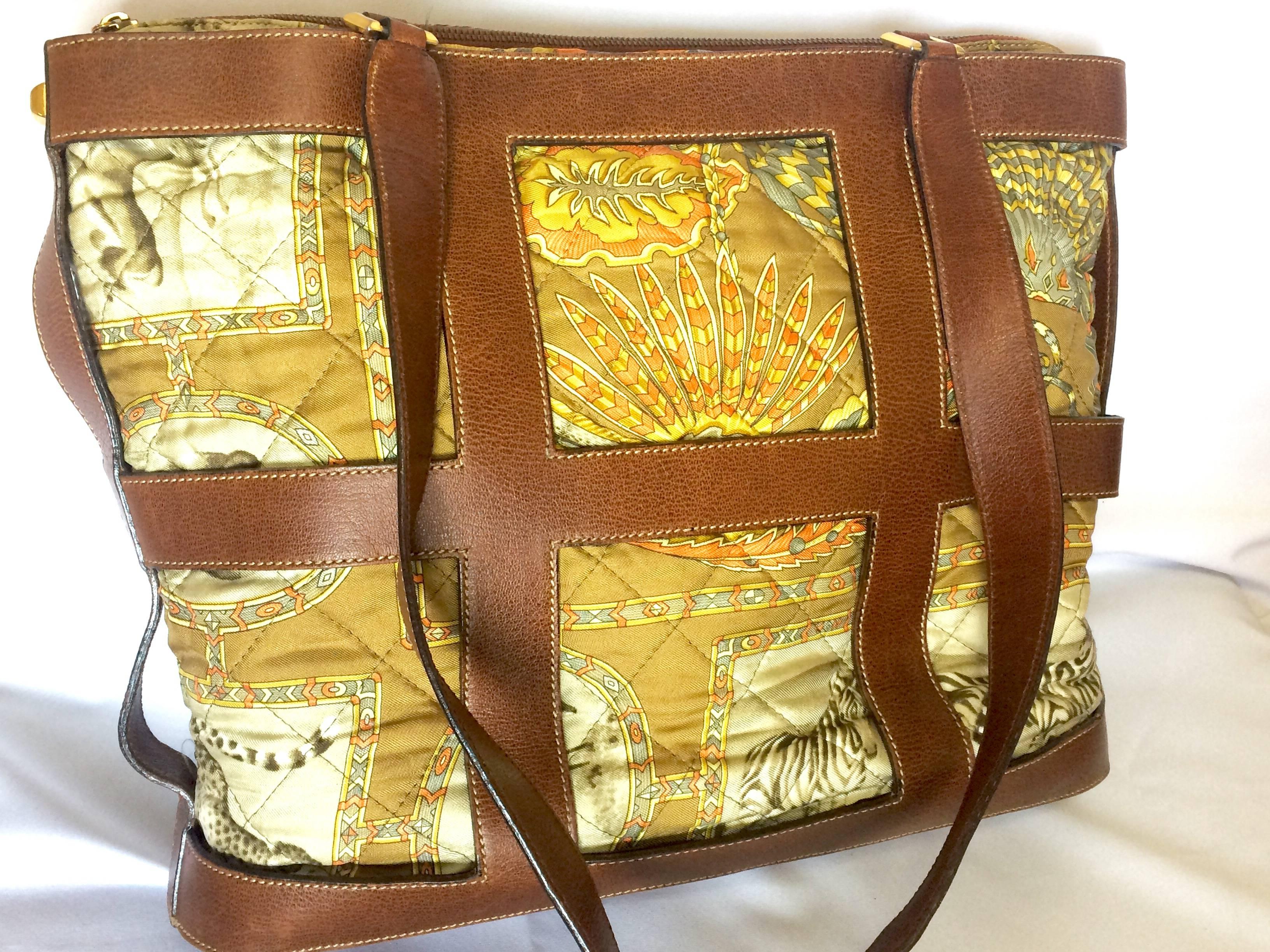 1990s. Vintage Salvatore Ferragamo quilted silk fabric bag with brown leather frame and straps. Feather, zebra, tropical safari design in khaki.

Introducing another unique and beautiful vintage bag from Salvatore Ferragamo back in the 90's.
Quilted