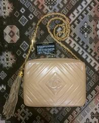 Vintage Chanel beige lamb camera bag style shoulder bag, Chevron, diamond stitch