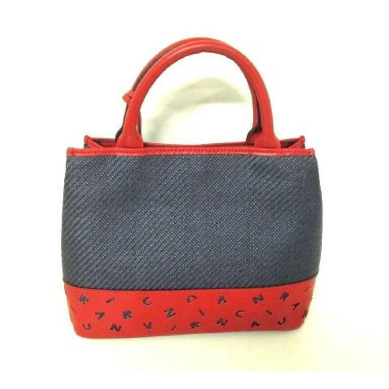 Vintage Nina Ricci navy woven straw and red leather handbag, tote bag ...