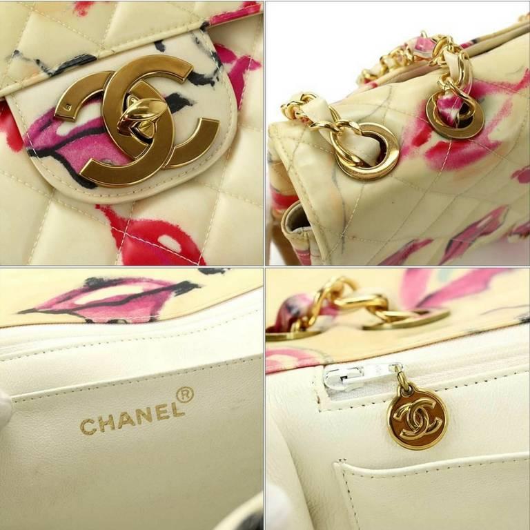 Women's Vintage CHANEL jumbo large ivory 2.55 shoulder bag with pink and red lip pattern