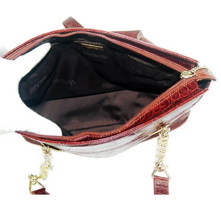 Vintage Gianni Versace brown croc-embossed leather shoulder tote bag. 4