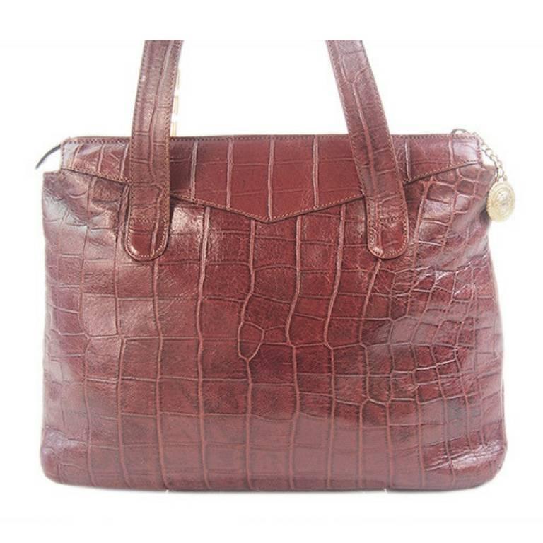 Vintage Gianni Versace brown croc-embossed leather shoulder tote bag. In Excellent Condition In Kashiwa, Chiba