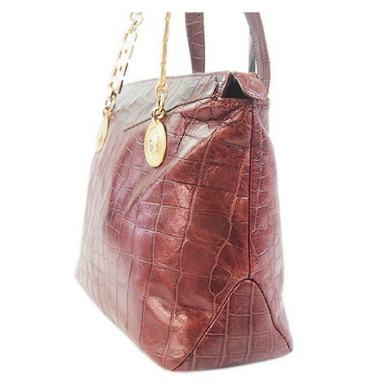 Women's or Men's Vintage Gianni Versace brown croc-embossed leather shoulder tote bag.