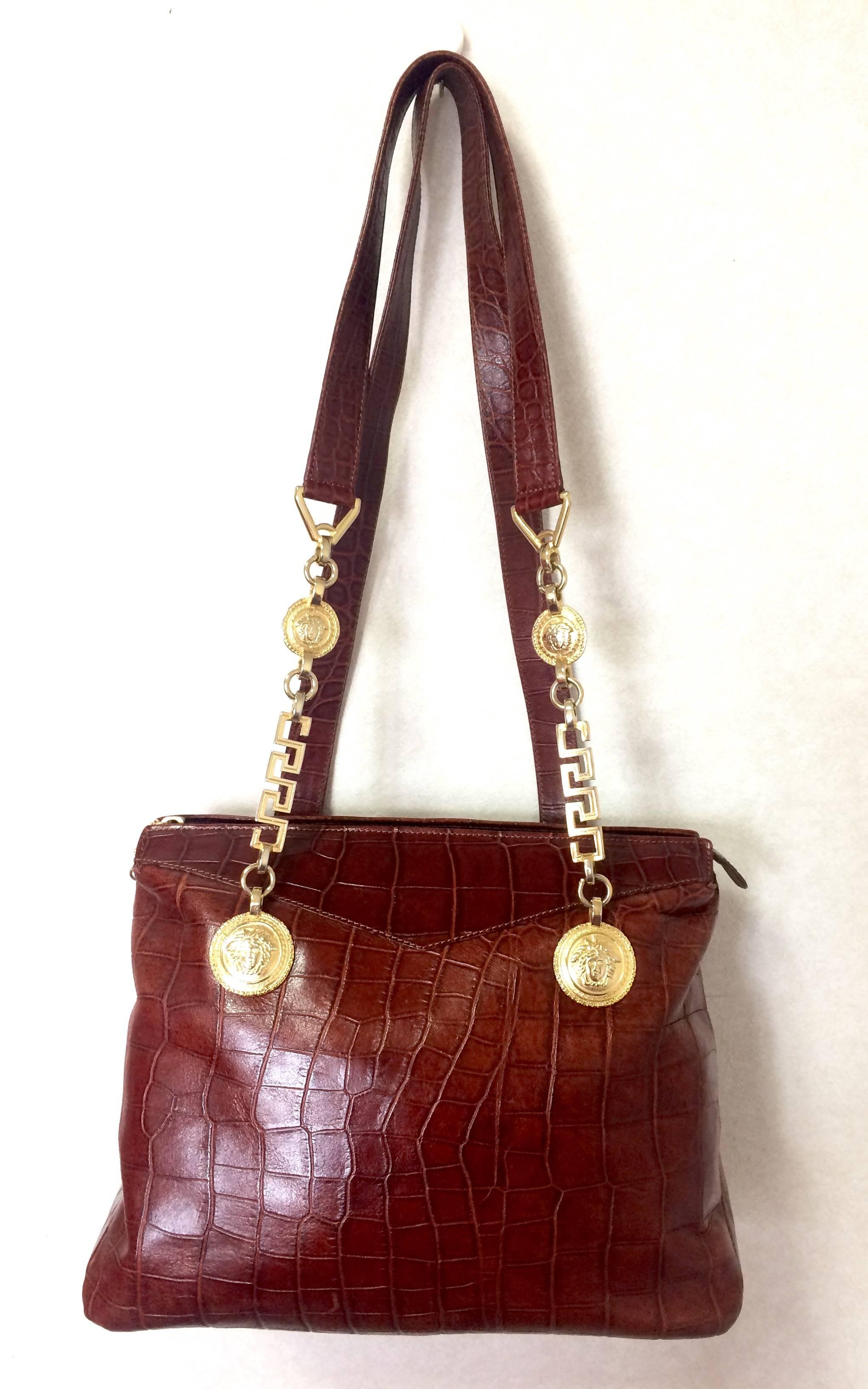 Brown Vintage Gianni Versace brown croc-embossed leather shoulder tote bag.