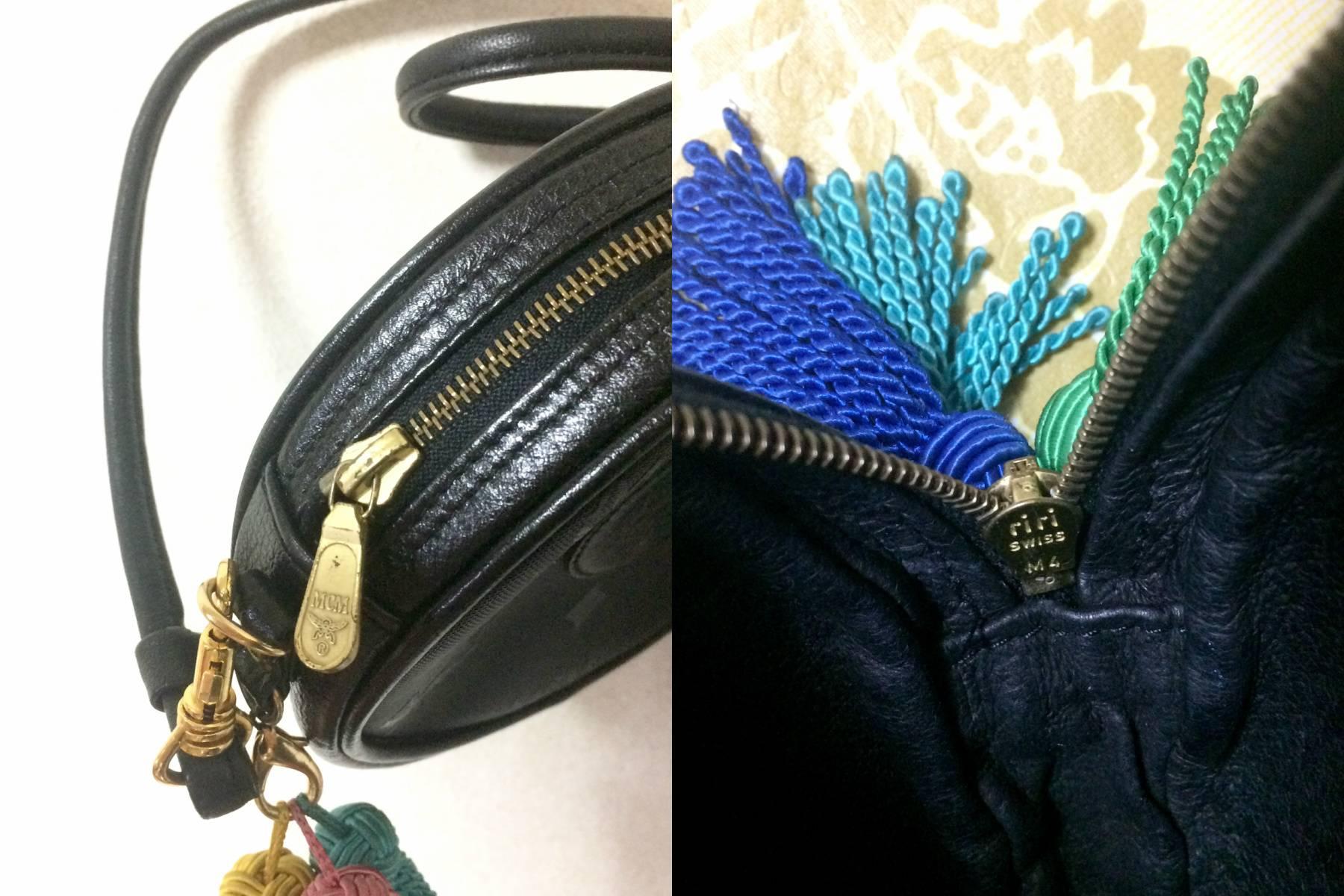 Women's or Men's Vintage MCM black monogram Suzy Wong mini shoulder purse with multicolor fringes