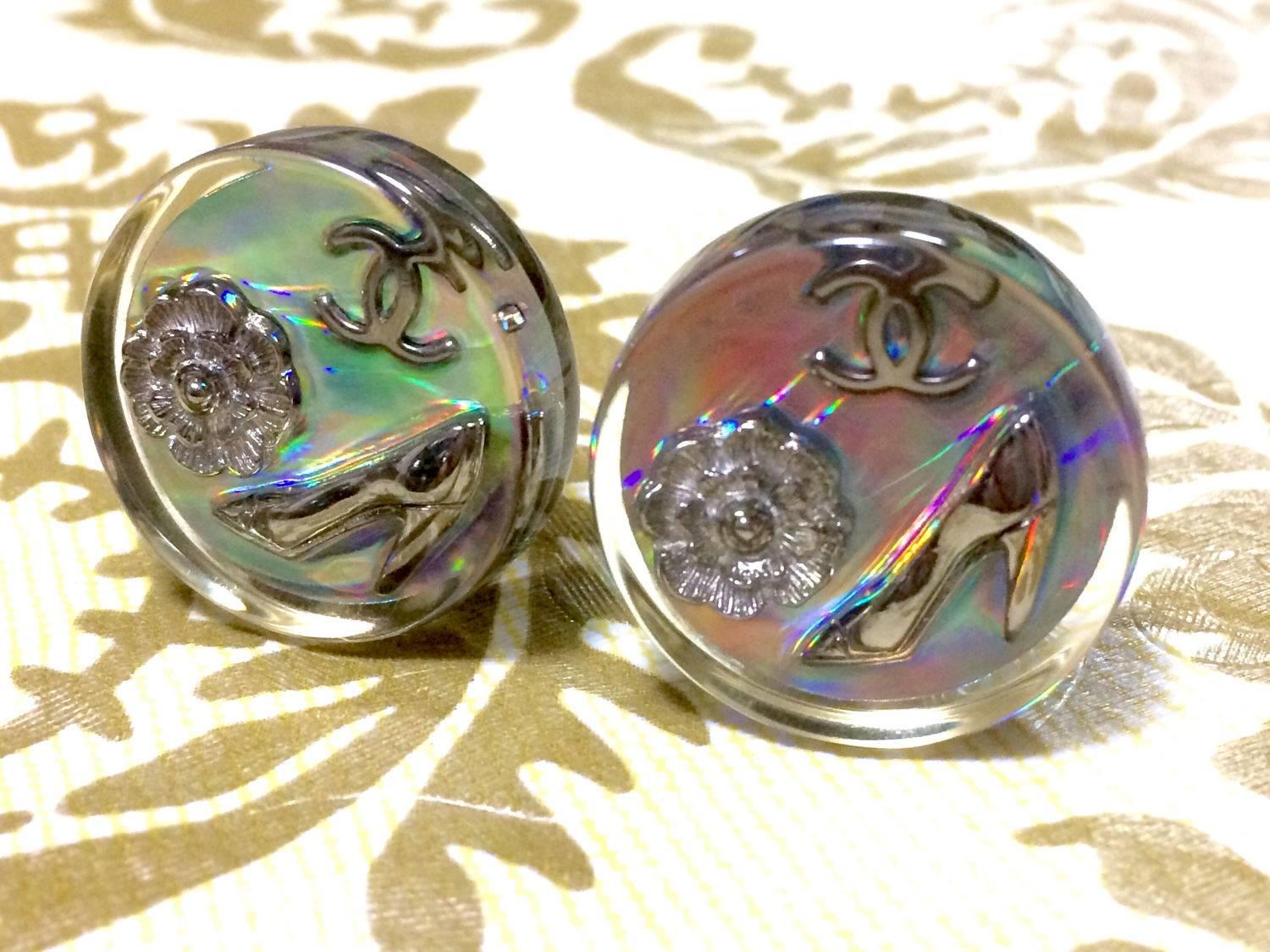 Women's Vintage CHANEL silver tone and rainbow aurora shining earrings with motifs. For Sale