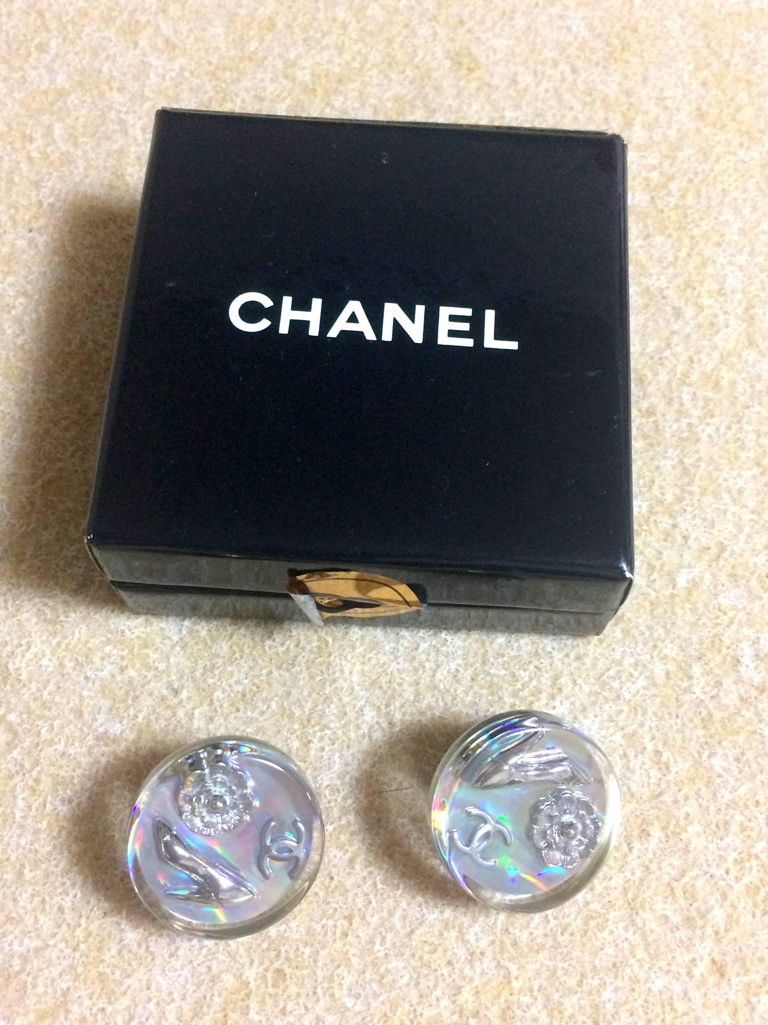 Vintage CHANEL silver tone and rainbow aurora shining earrings with motifs. For Sale 4