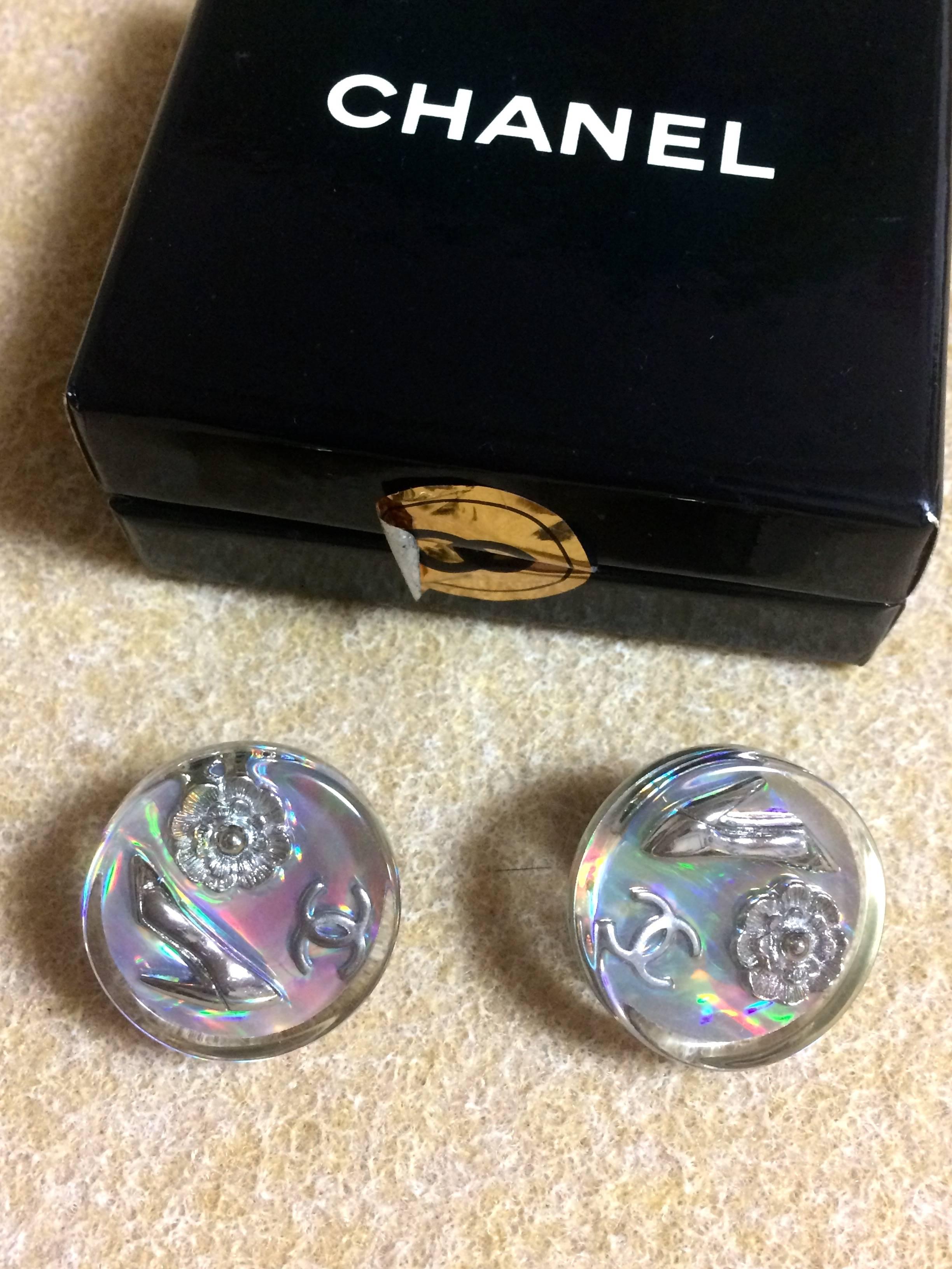 Vintage CHANEL silver tone and rainbow aurora shining earrings with motifs. For Sale 5