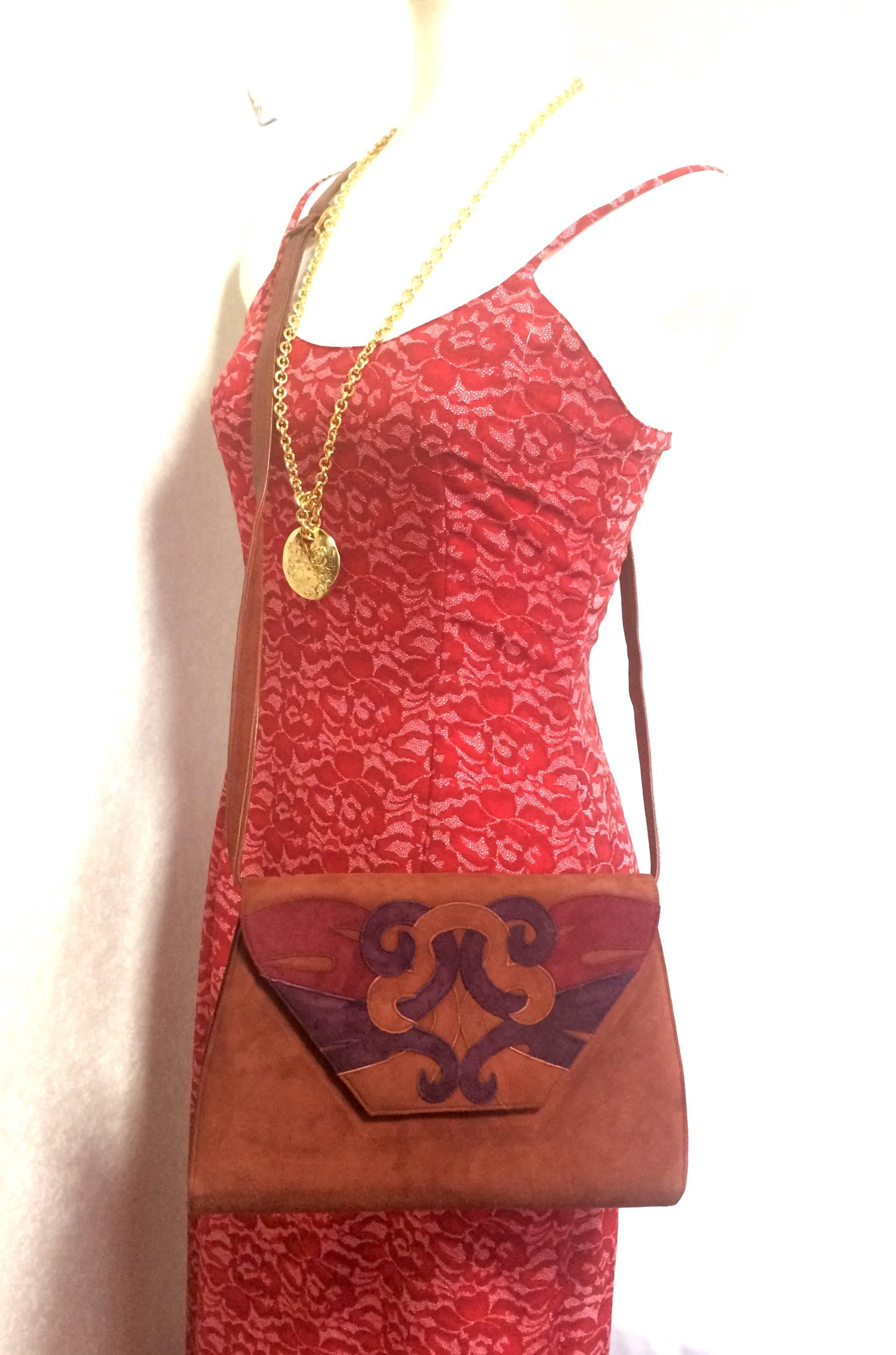 Vintage Bally brown, red, and purple suede leather shoulder bag, clutch bag. For Sale 4