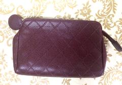 Vintage CHANEL wine brown caviar leather cosmetic, toiletries, makeup pouch.