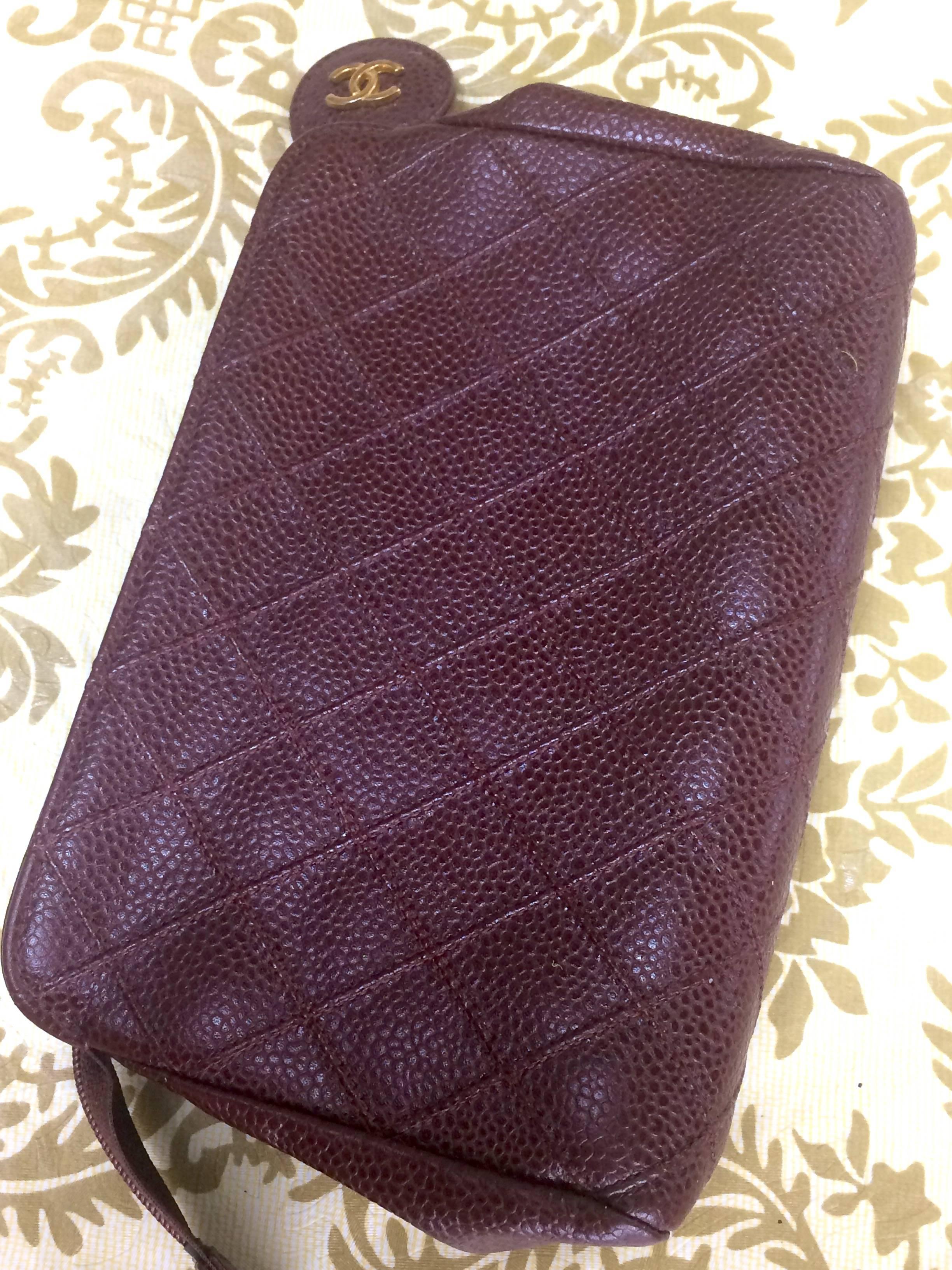 Gray Vintage CHANEL wine brown caviar leather cosmetic, toiletries, makeup pouch. For Sale