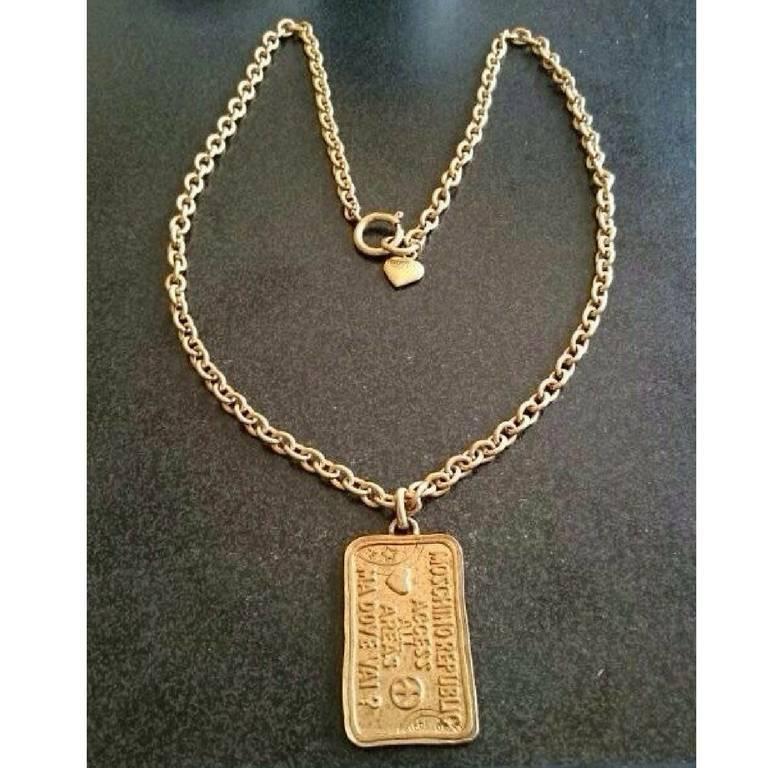 MINT. Vintage Moschino long chain classic necklace with large square plate. 1