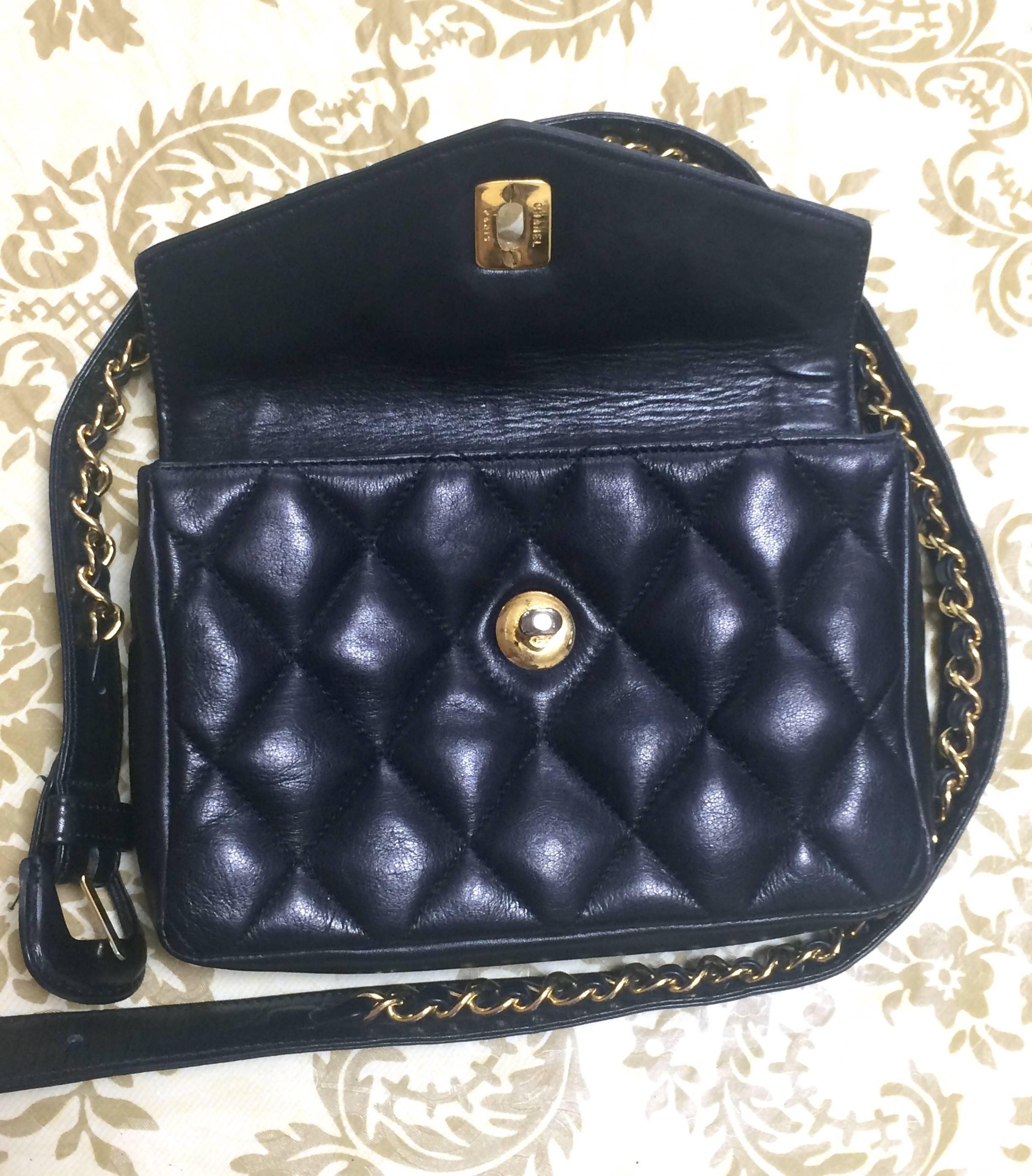 Vintage CHANEL black leather waist bag, fanny pack with golden chain belt & CC. 1