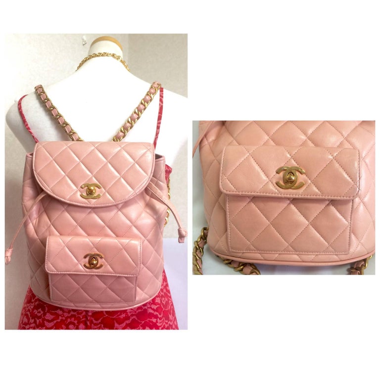 Vintage CHANEL quilted pink lamb leather backpack with golden chains and CC  mark at 1stDibs