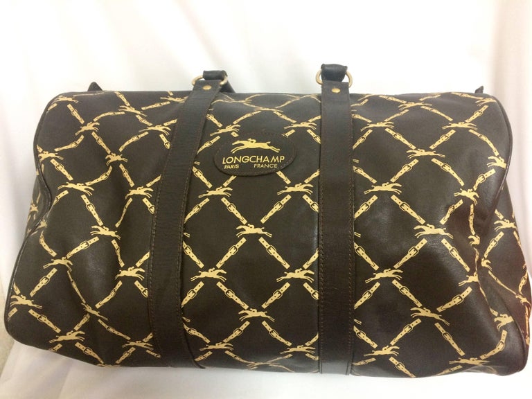 Vintage Longchamp classic dark brown nappa leather duffle bag, travel