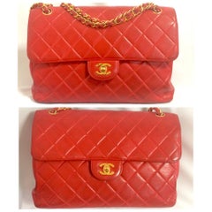 Vintage CHANEL lipstick red lambskin 2.55 classic jumbo, large shoulder bag.