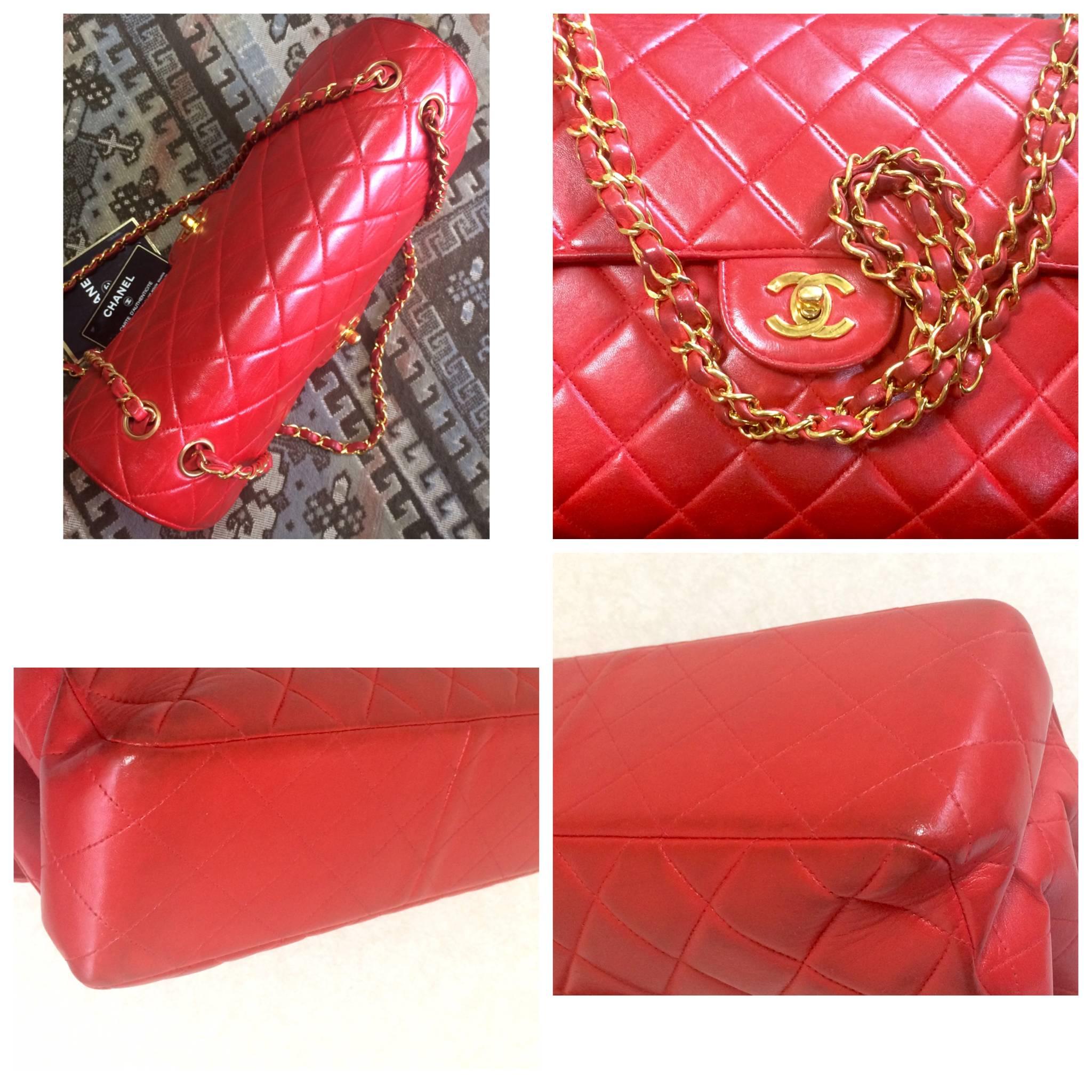 Red Vintage CHANEL lipstick red lambskin 2.55 classic jumbo, large shoulder bag. For Sale