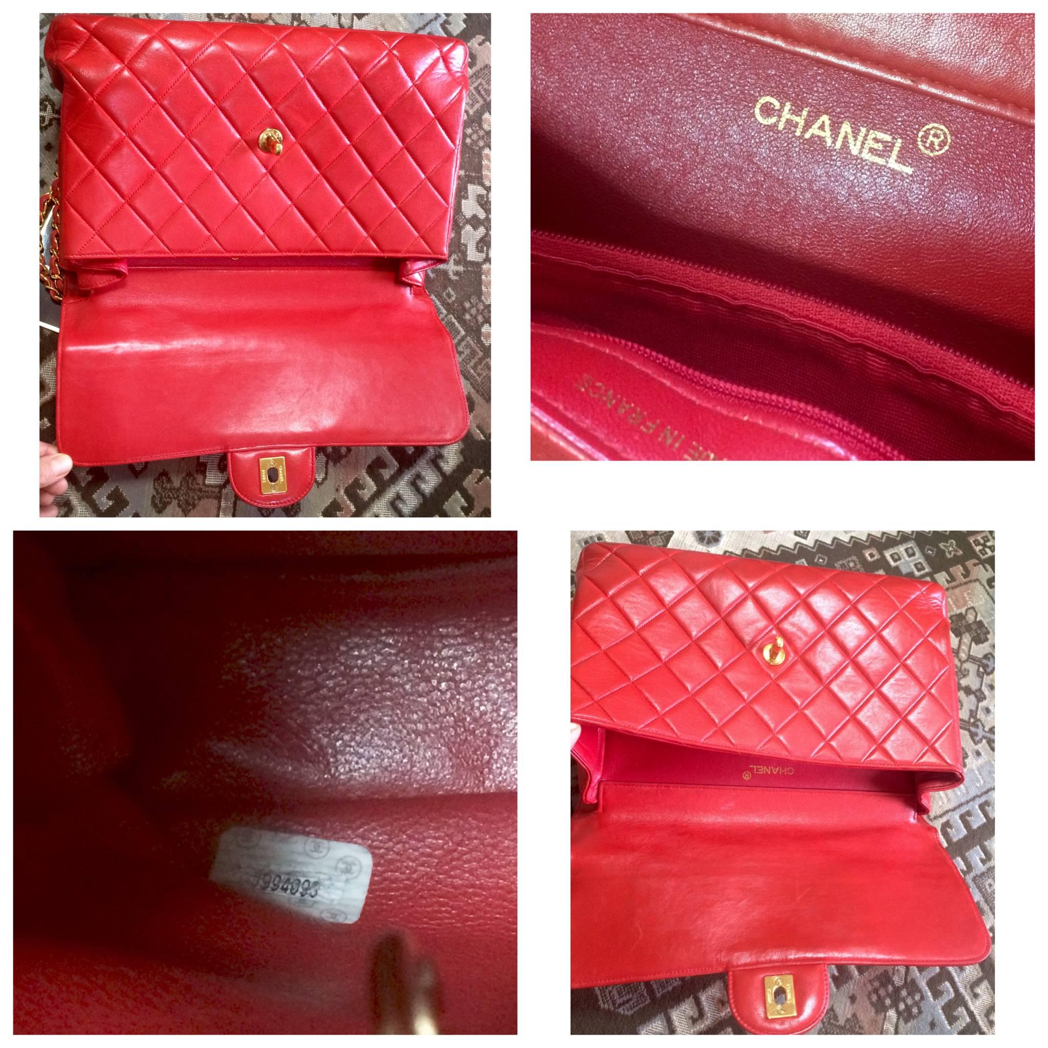 Vintage CHANEL lipstick red lambskin 2.55 classic jumbo, large shoulder bag. In Good Condition For Sale In Kashiwa, Chiba