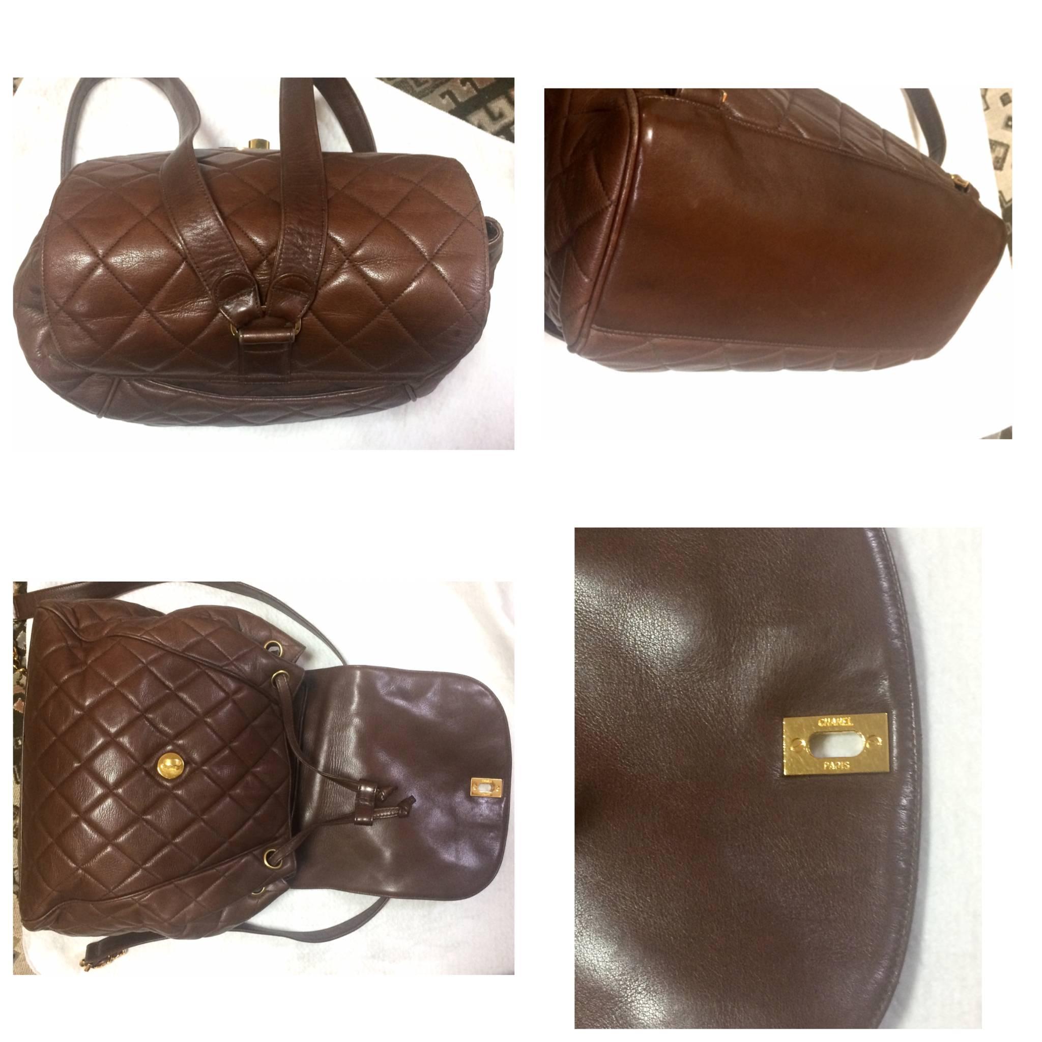 Women's Vintage CHANEL quilted brown lamb leather backpack with gold chain and large CC. For Sale