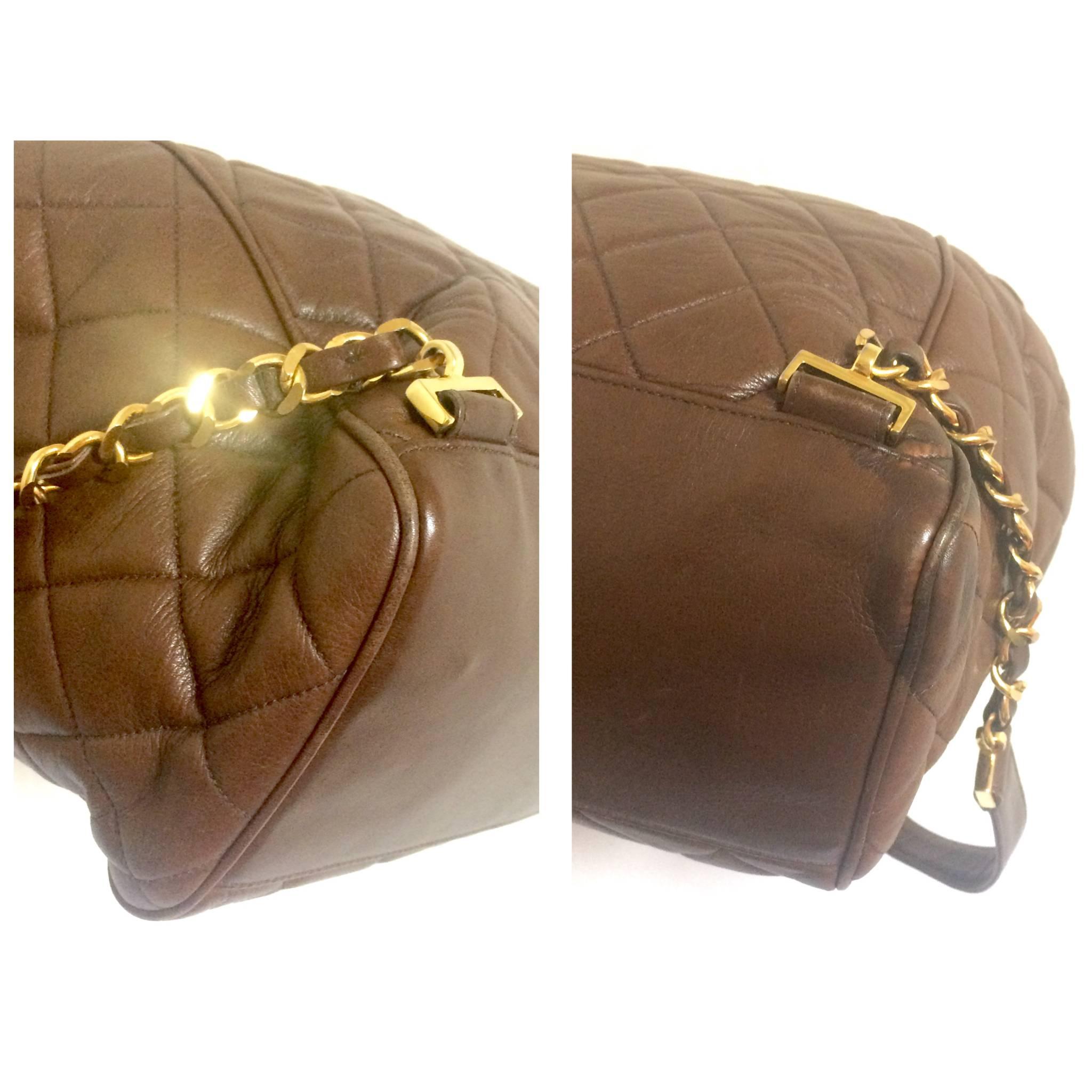 Vintage CHANEL quilted brown lamb leather backpack with gold chain and large CC. For Sale 2