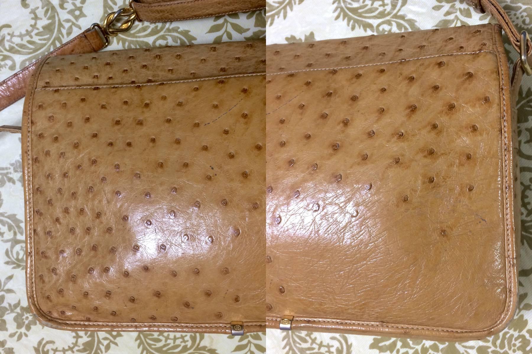 Brown Vintage GUCCI nude brown genuine ostrich leather camera bag style shoulder bag. For Sale