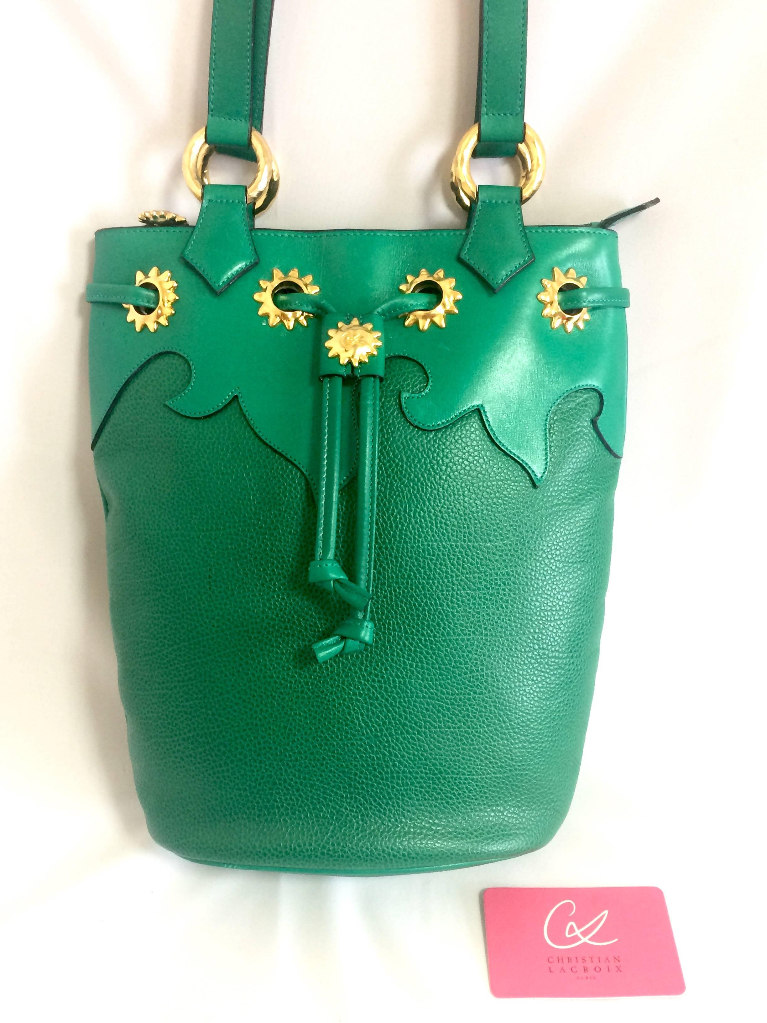 Vintage Christian Lacroix green hobo bucket shoulder bag with golden star motifs 5
