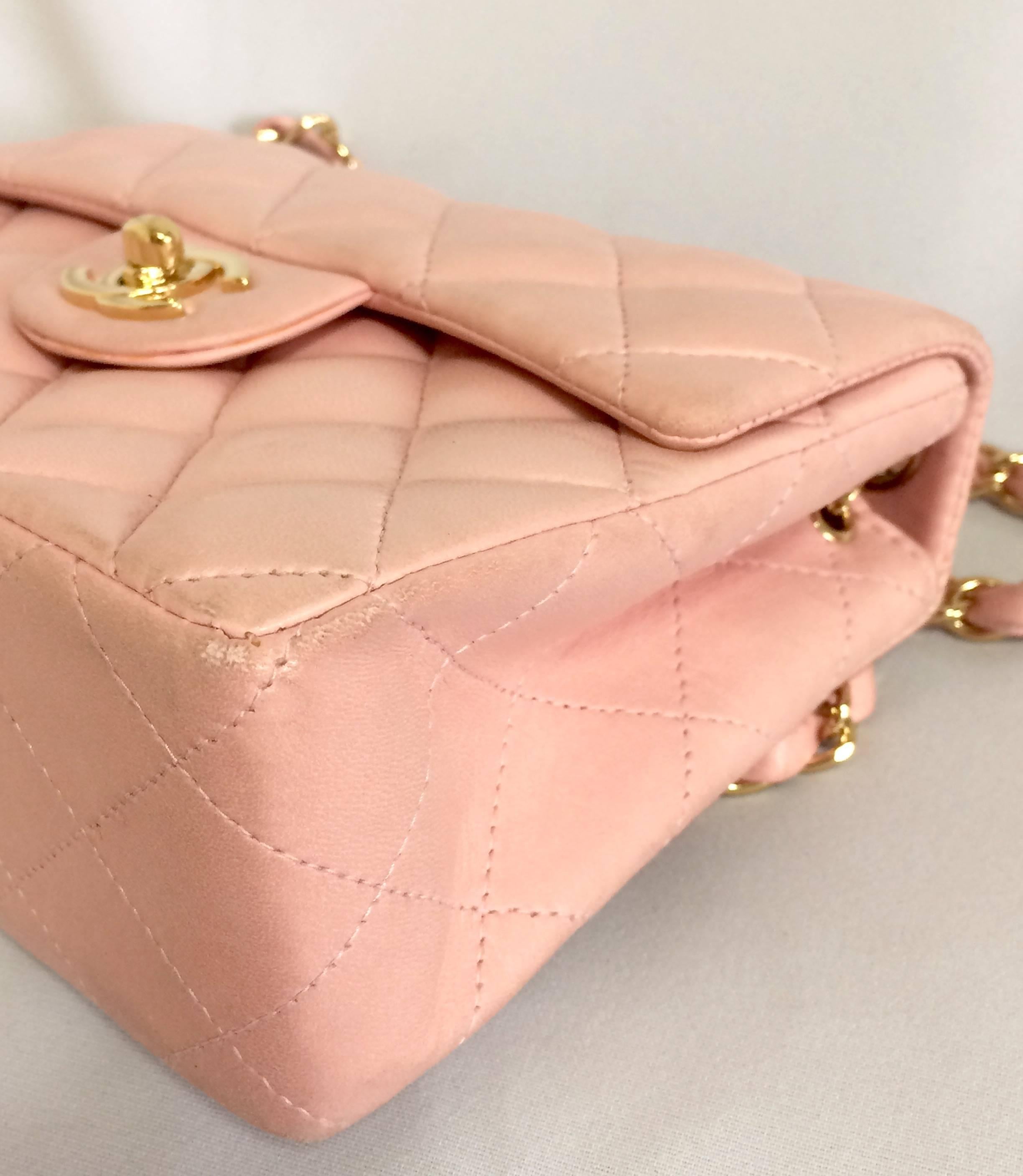 Beige Vintage CHANEL pink lamb leather classic flap chain mini 2.55 shoulder bag. For Sale